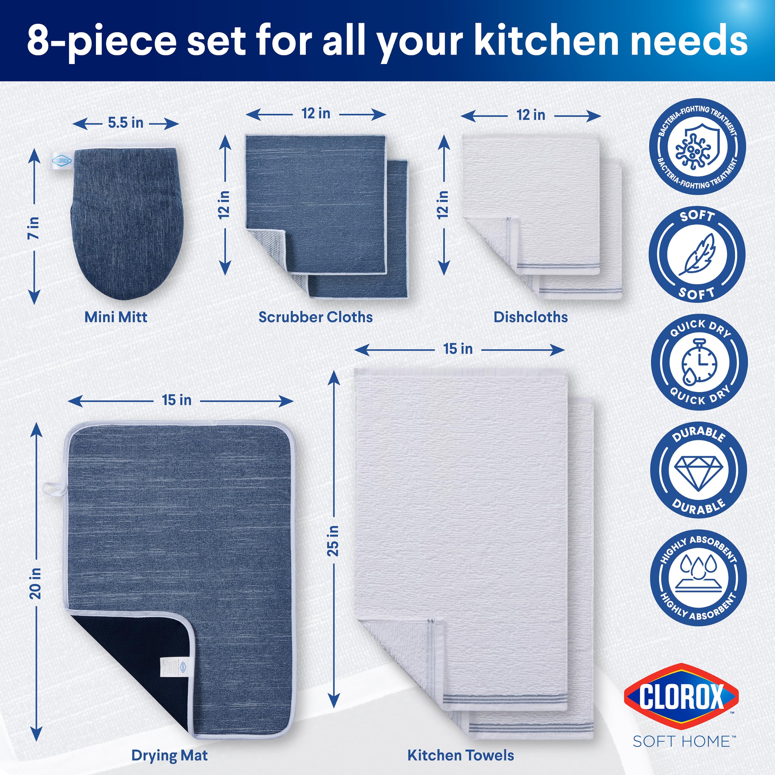 CLOROX Ensemble de cuisine de qualité supérieure – Parfait pour le nettoyage et la manipulation de la vaisselle – 2 torchons de cuisine en coton, 2 mini gants de cuisine, 1 tapis de séchage, 2