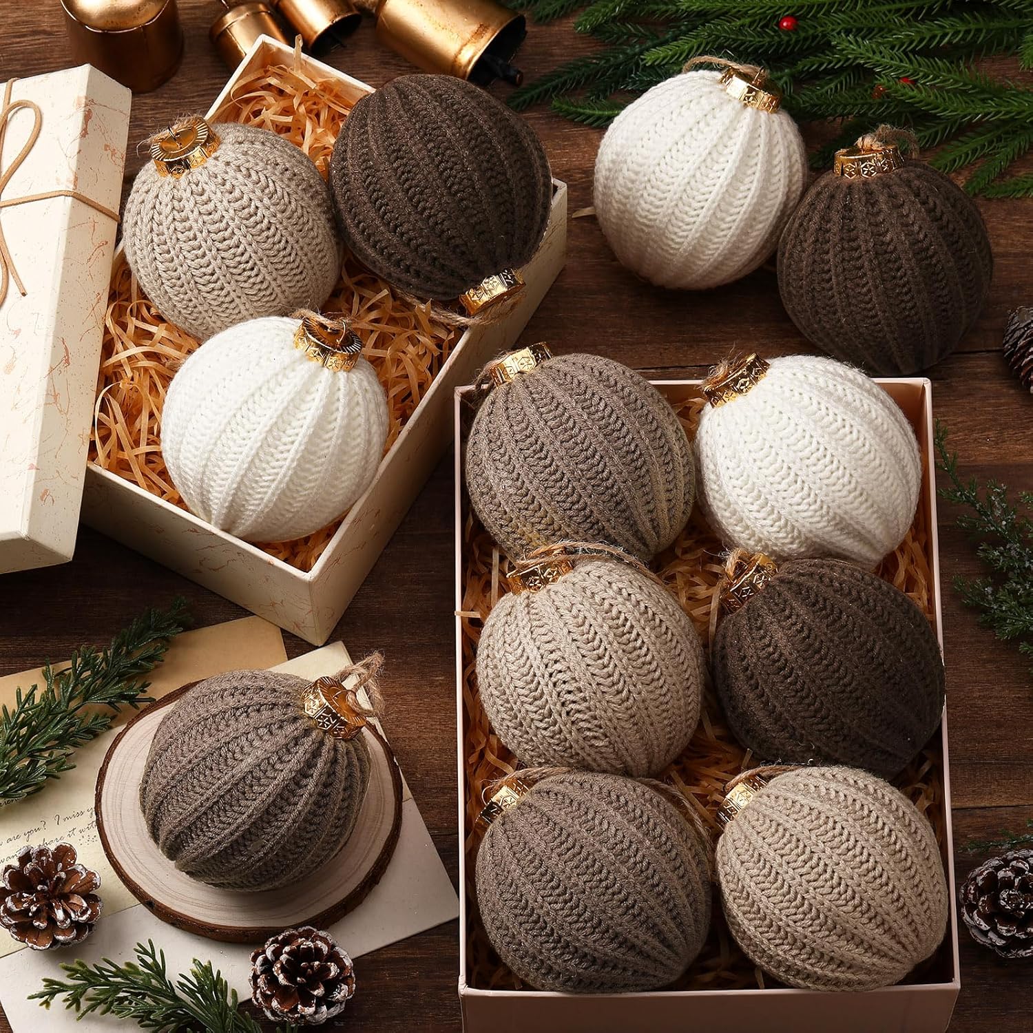 12 Pcs Neutral Christmas Ornaments, 3.15 Inch Brown Crochet Christmas Balls Modern Rustic Handmade Knitted Woven Cotton Baubles for Xmas Tree Farmhouse Holiday Decor