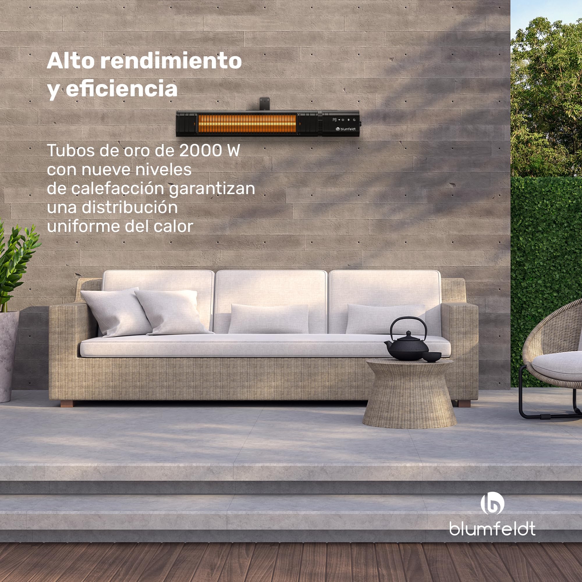 Blumfeldt Calefactor infrarrojo 2000w – montaje en pared & techo, exterior IP65, 9 ajustes de calor, control Wifi inteligente, tubos de oro, para balcón, terraza & jardín