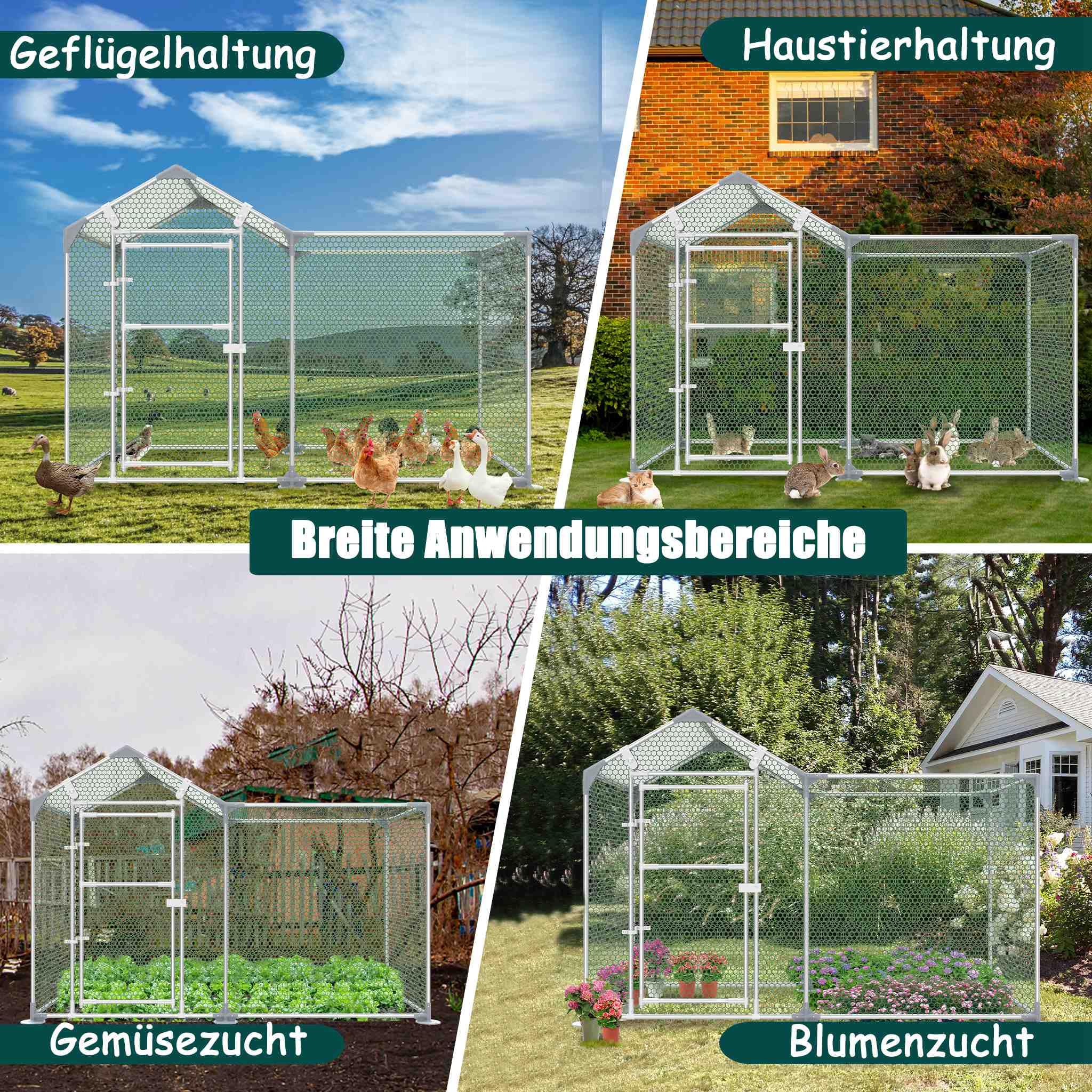 YRHome Freilaufgehege Hühnerstall 4x1x1,5m Freigehege Hühnerhaus Hühnergehege Voliere Hühner Gehege Hühner Geflügelstall Verzinkter Stahlrahmen mit PE