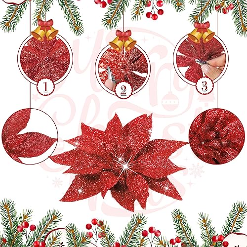 Miniatura 3 de Chunyin 24 Piezas Flores de Pascua Artificiales de Navidad, 6" 4" 3" Adornos de Flor de Pascua con Purpurina con Clip para Árbol de Navidad