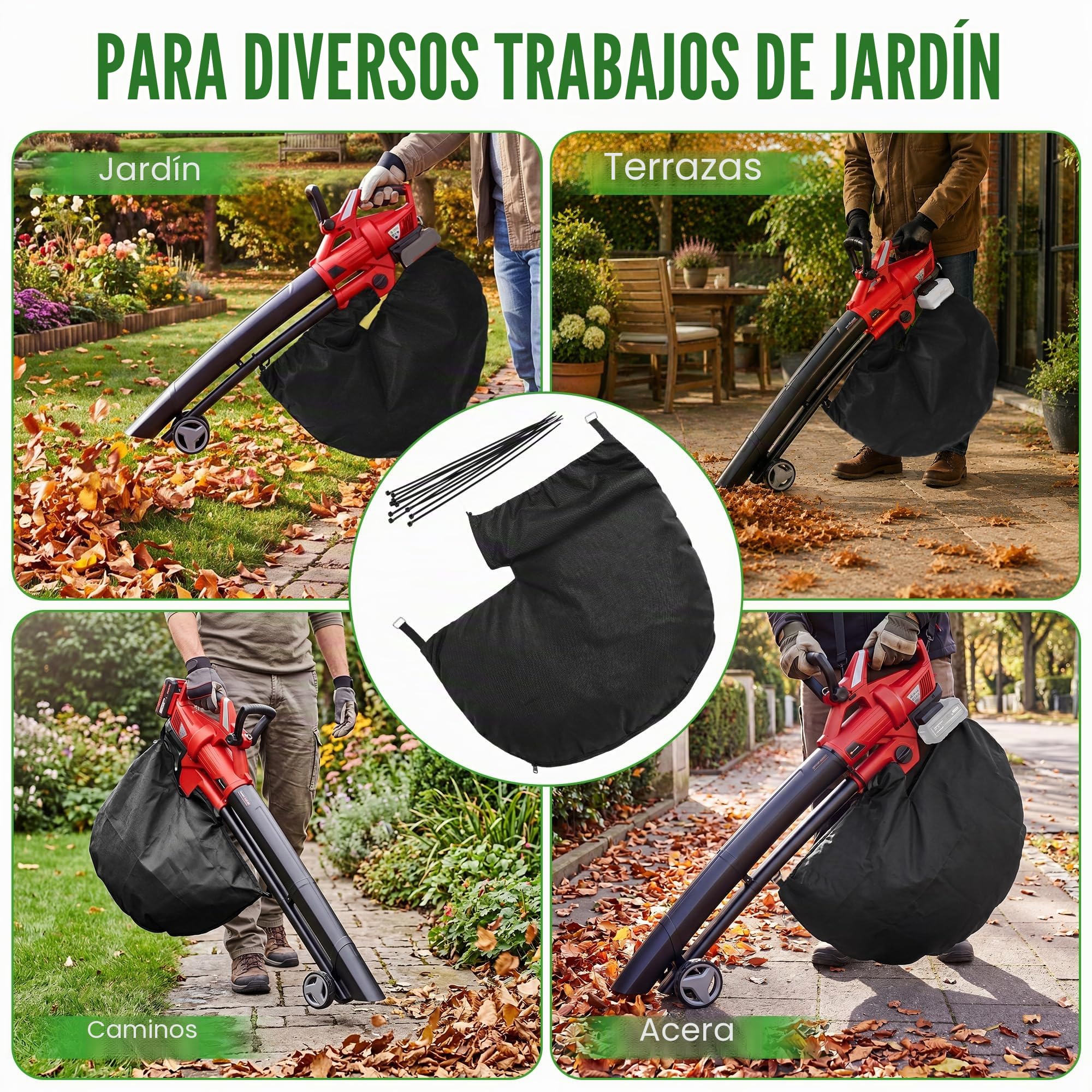 Enhon Bolsa para Aspirador de Hojas Compatible con Einhell GE-CL 36 Li E-Solo, Bolsa Recolectora con Conexión Cuadrada, Tela No Tejida con Cremallera para Residuos de Jardín, 10 Bridas