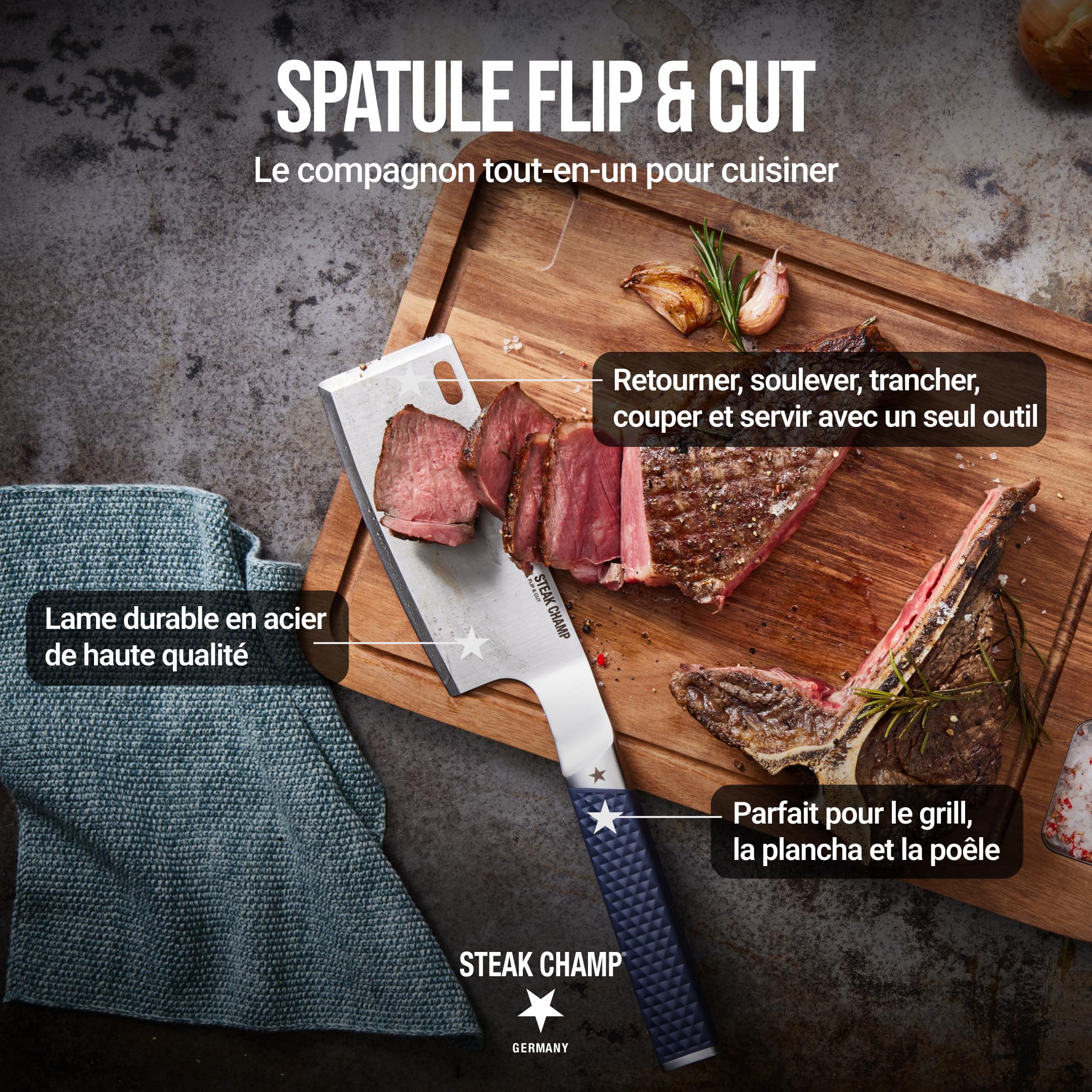 Steakchamp Spatule Flip & Cut : Spatule pour plancha, barbecue et poêle, avec tranchant de couteau de haute qualité et poignée antidérapante