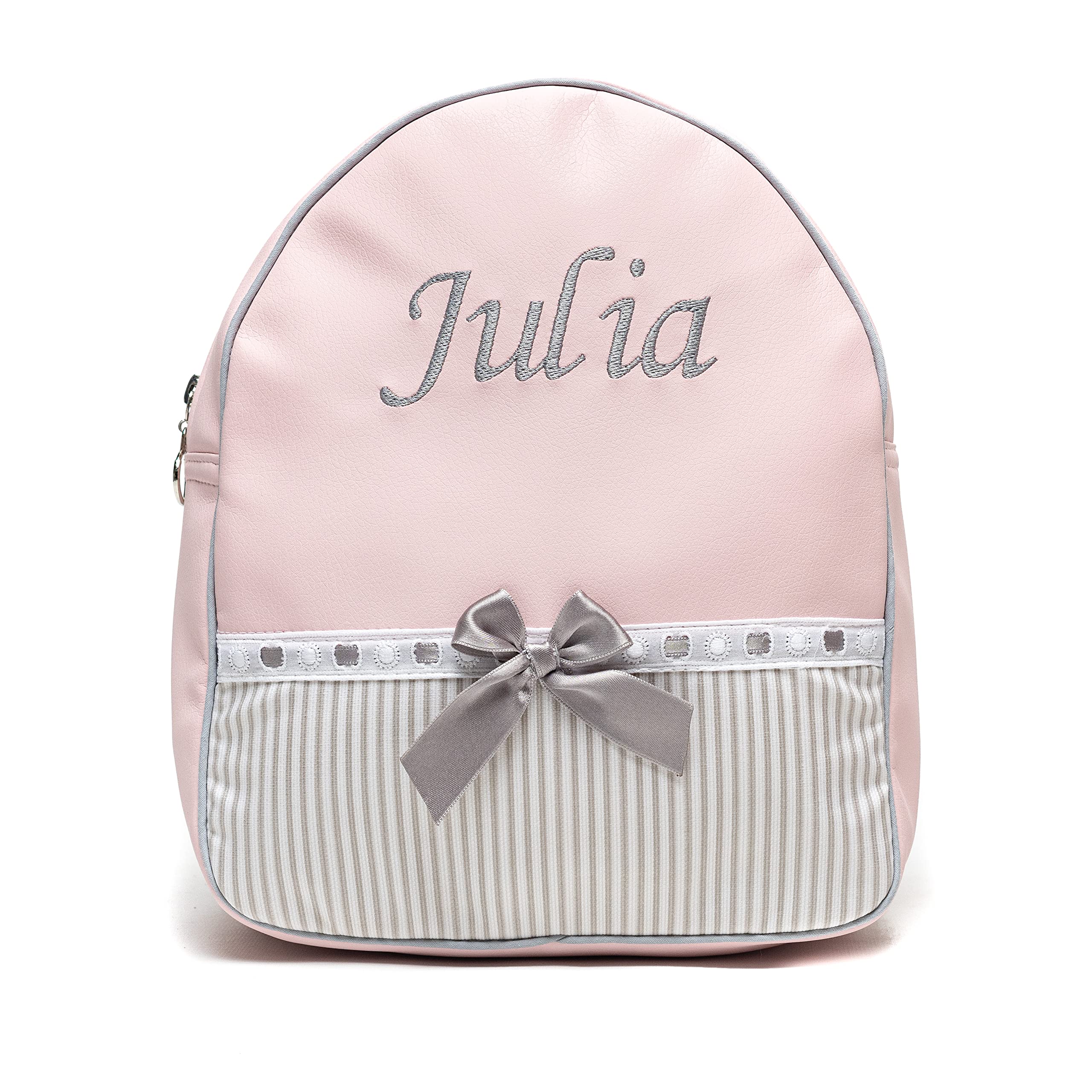 Nenel Kinderrucksack aus Kunstleder, personalisierbar, Kindergartenrucksack mit Namen, bestickt, Noa Rosa/Grau