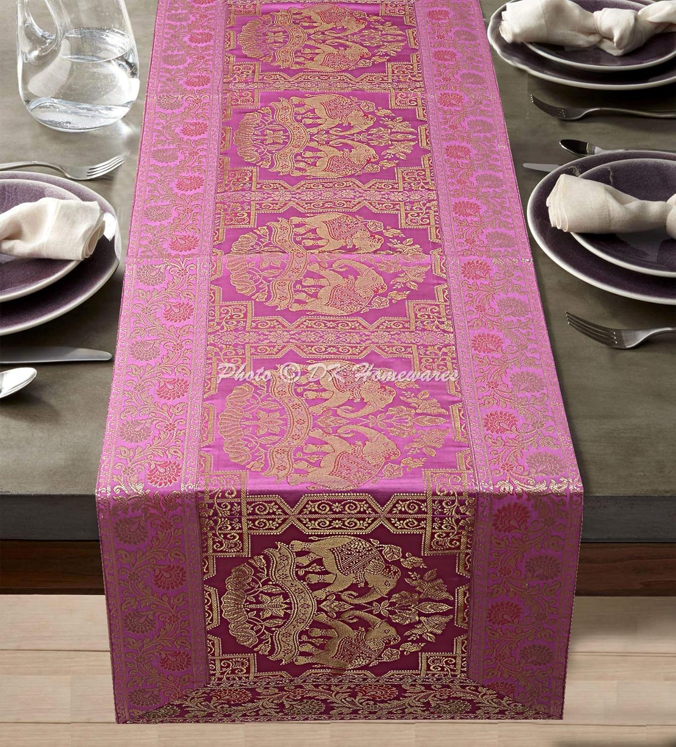 Ethnic Indian Birthday Parties Decoration Brocade Table Cloth Pink Gold 60 Inches Long Jacquard Elephant 5 Ft Centerpiece (150 X 40 Cm)