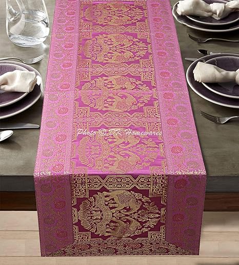 DK Homewares Brocade Decorative Coffee Table Runner Baby Pink Gold Elephant 5 Ft Banarsi Jacquard Kitchen Traditional Floral Rectanglular Tablecloth Decoration - 60x16 Inch (152x40 cm)