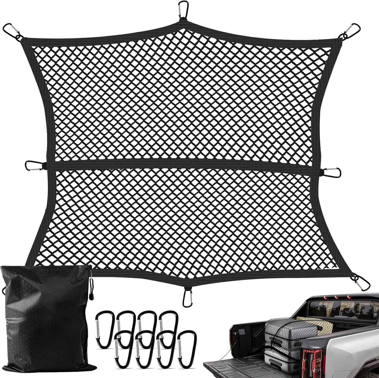 Truck Bed Cargo Net, Stretchable from 4'x4' to 7'x7',High Elastic Cargo Net with Storage Bag and 8 rustproof Buckles, Ideal for ATV, SUV, UTV, Truck and Boat Use, Black