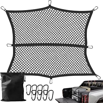Truck Bed Cargo Net, Stretchable from 4x4 to 7x7,High Elastic Cargo Net with Storage Bag and 8 rustproof Buckles, Ideal for ATV, SUV, UTV, Truck and Boat Use, Black