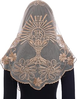 Catholic Veils for Church Women: Sunflower Chalice Embroidered Mantilla Veil, Religious JHS Chapel Head Veil for Mass