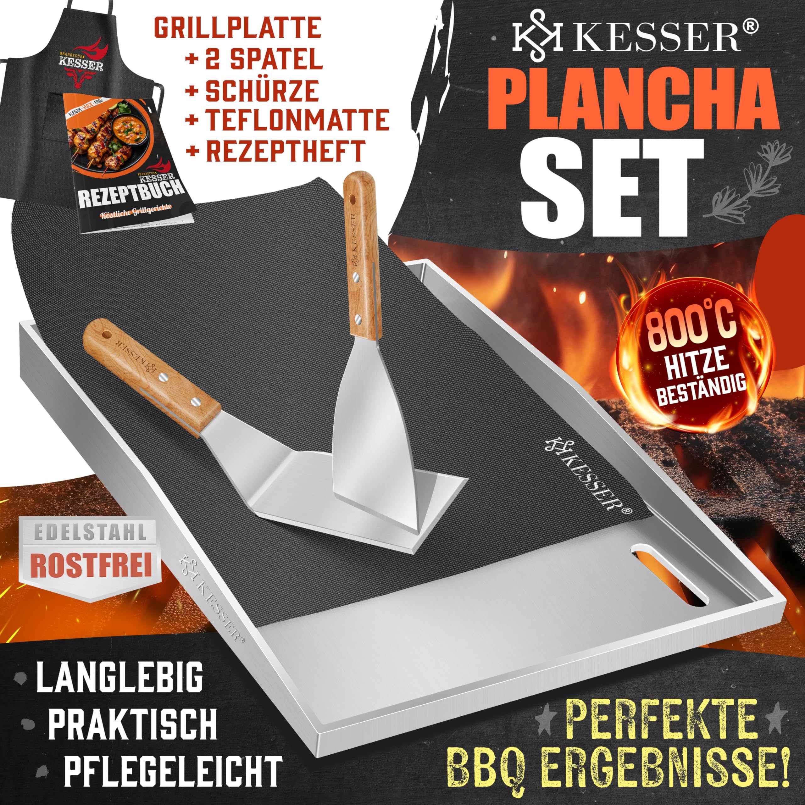 KESSER® Grillplatte Plancha aus Edelstahl 40x30cm rostfrei mit Fettablauf, hitzebeständig bis 800°C & Spülmaschinenfest für Gas & Holzkohlegrill inkl. 2 Spatel, Grillschürze, Grillmatte & Rezeptbuch