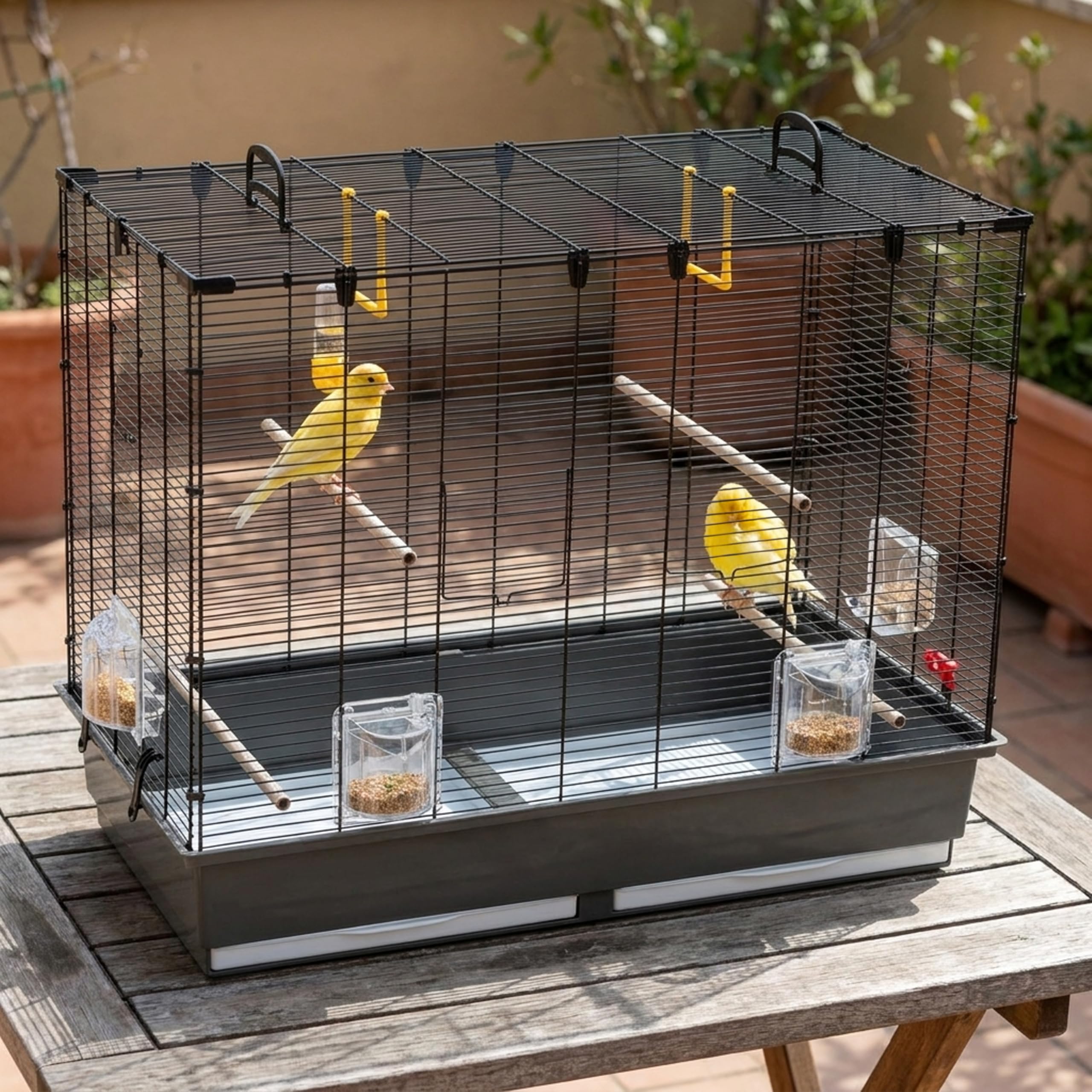 Ferplast Amplia Jaula para Canarios, periquitos y pequeños pájaros exóticos Piano 6, con Accesorios, Percha Modular y comederos giratorios, Pintado Negro y cubeta Marrón, 87 x 46,5 x h 70 cm