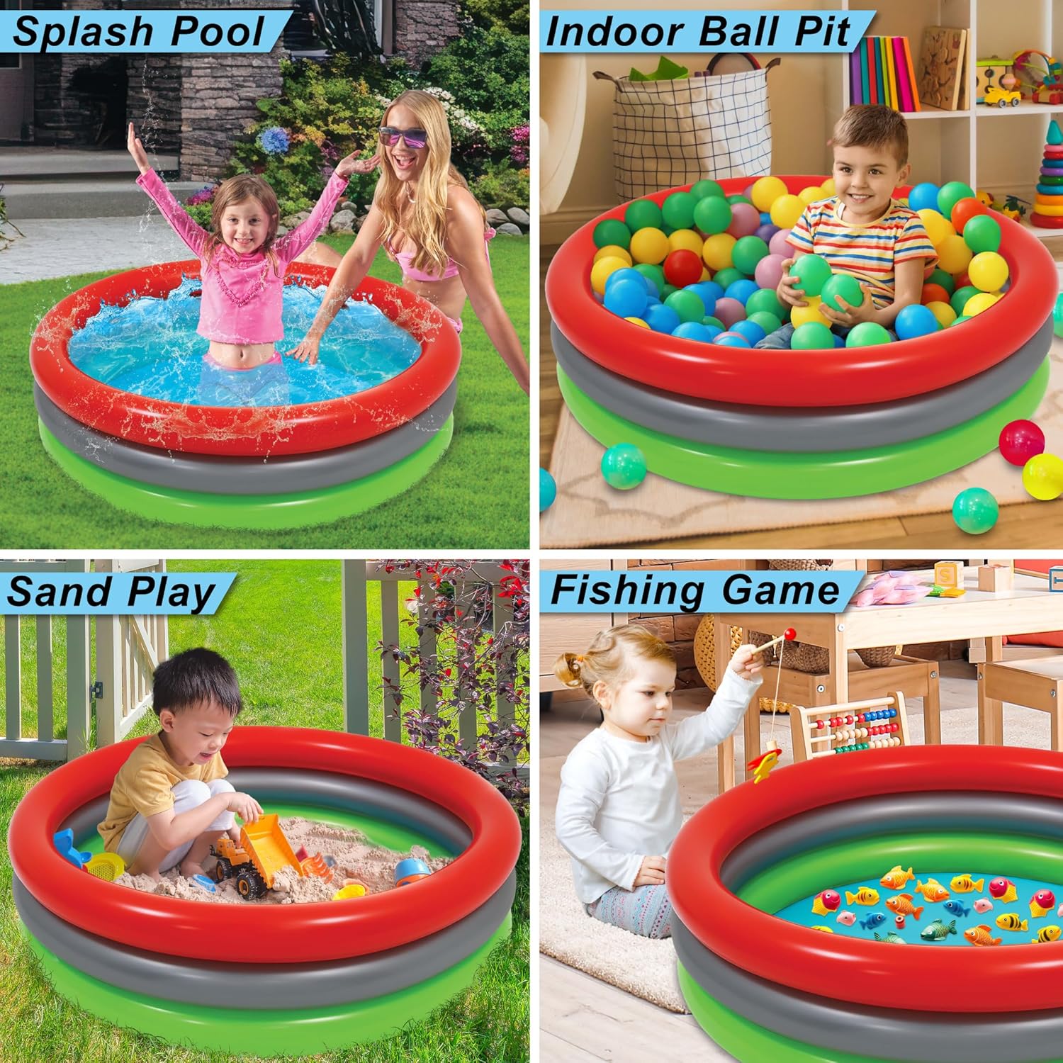 POZA Inflatable Swimming Pool for Kids - Kiddie Pool with Non-Inflatable Bottom, Round Blow Up Pools for Fun Summer Party - 40x10 Inches