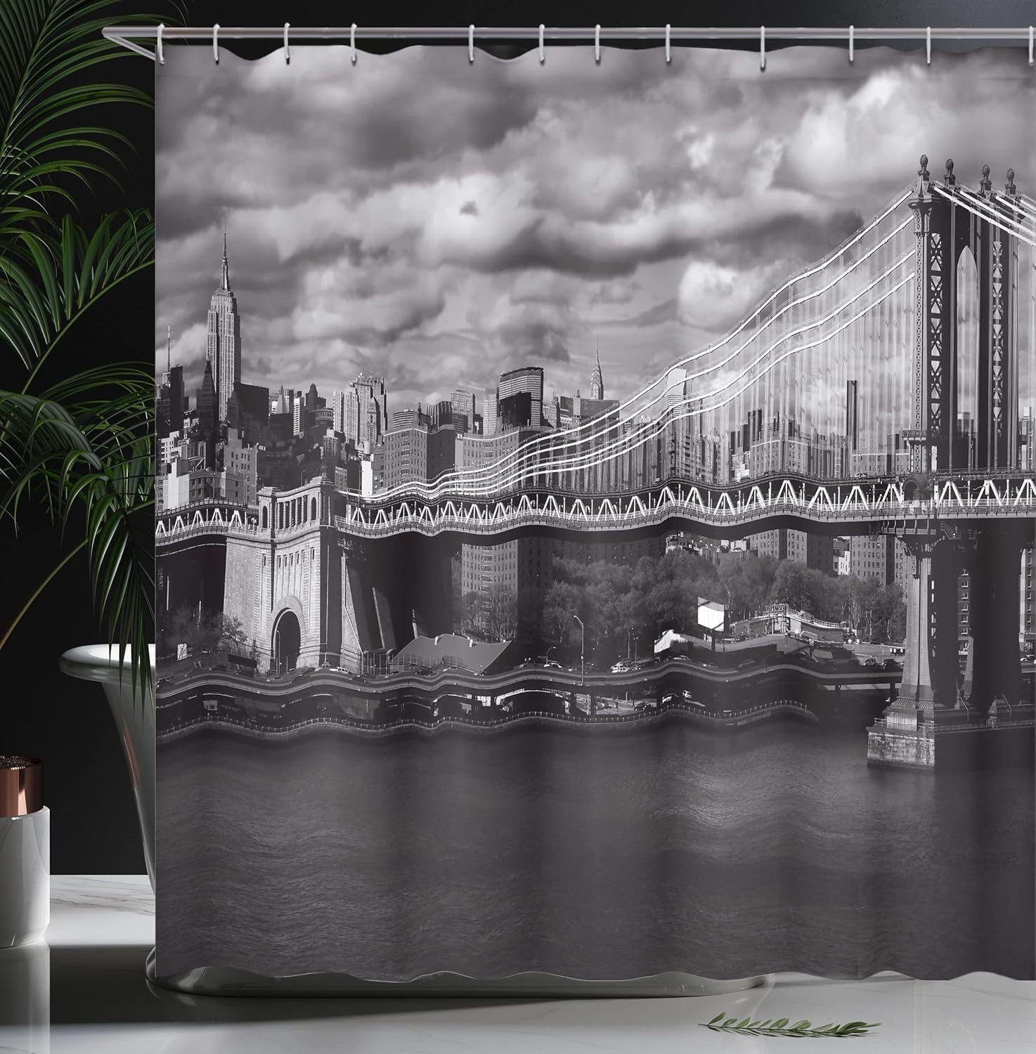 Ambesonne New York Shower Curtain, Black and White Panorama of NYC Skyline Focus on Manhattan Bridge Photograph Print, Cloth Fabric Bathroom Decor Set with Hooks, 69" W x 70" L, Grey