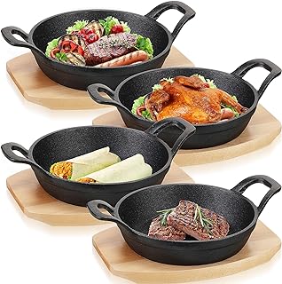 Sliner 4 Sets Mini Cast Iron Skillet Small Cast Iron Plates Skillet with Wooden Base Small Round Pan Fajita Plate Pot for Baking Cooking(7.1 Inches)