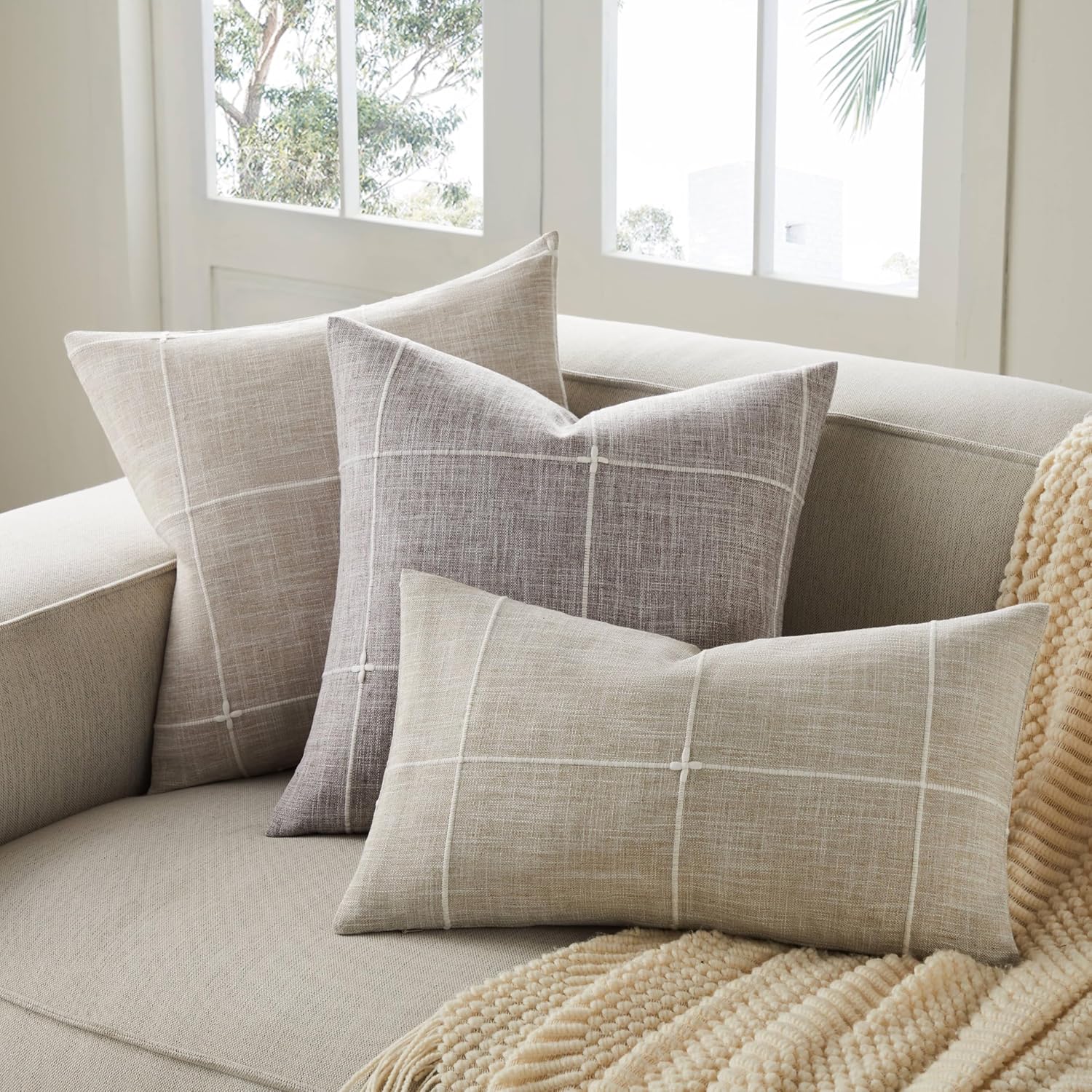 2 Packs Grid Embroidery Lumbar Throw Pillow Covers, 12x20 Inch Taupe, Farmhouse Linen Decorative Light Brown Cushion Covers for Sofa Bed Living Room Home Decor - Image 5