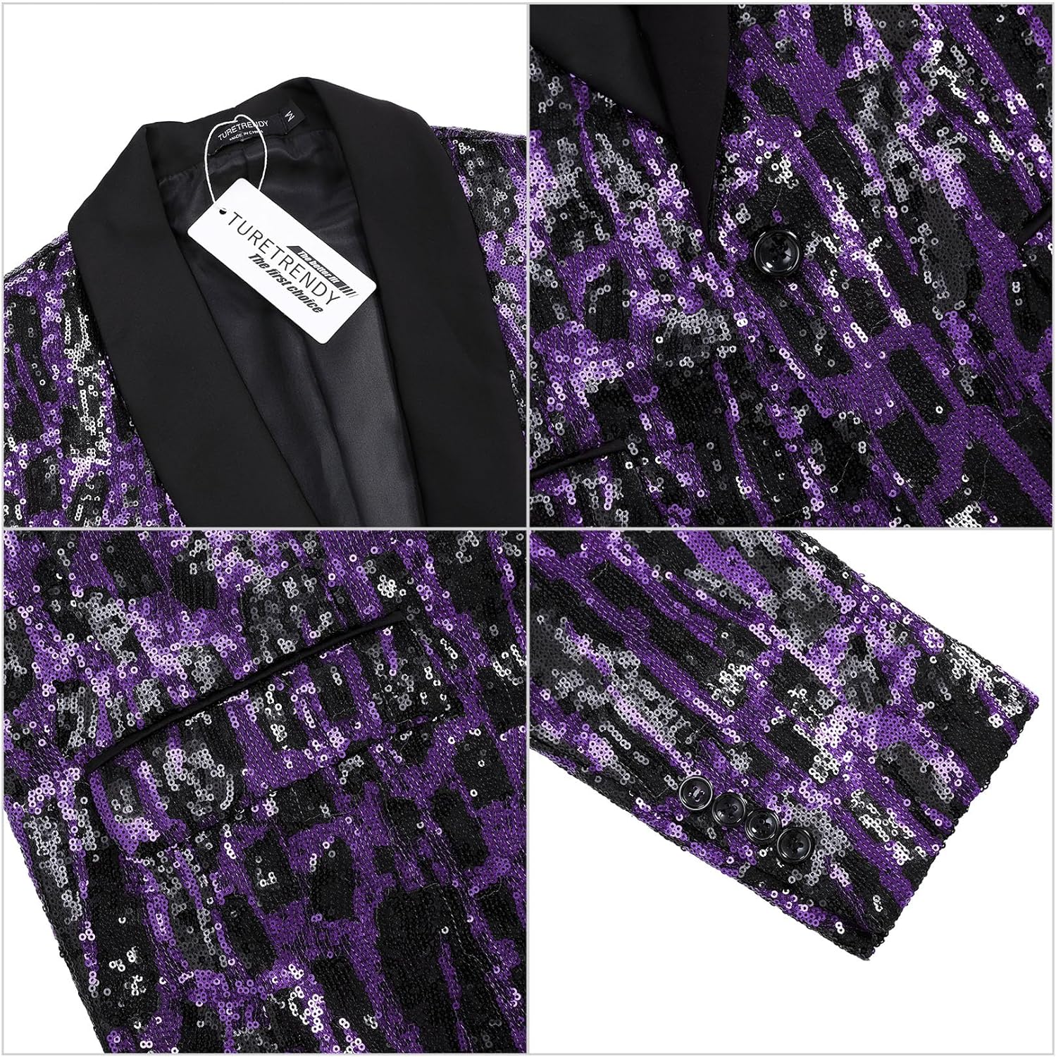 TURETRENDY Men Shiny Sequin Blazer Jacket Stylish One Button Tuxedo Suit Jackets for Party Dinner Prom