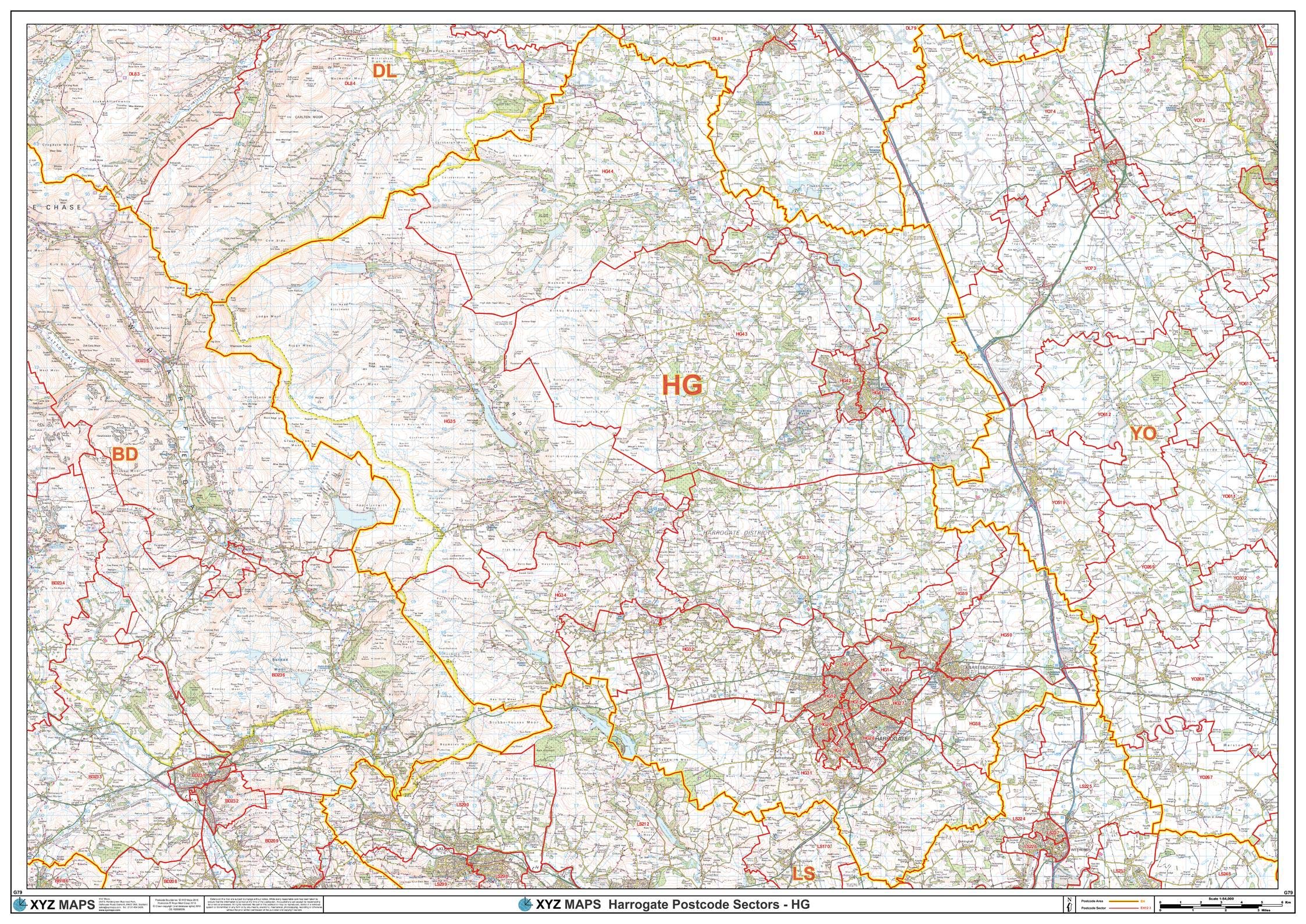 Harrogate - HG - Postcode Wall Map - 47" x 33.25" Rolled Canvas