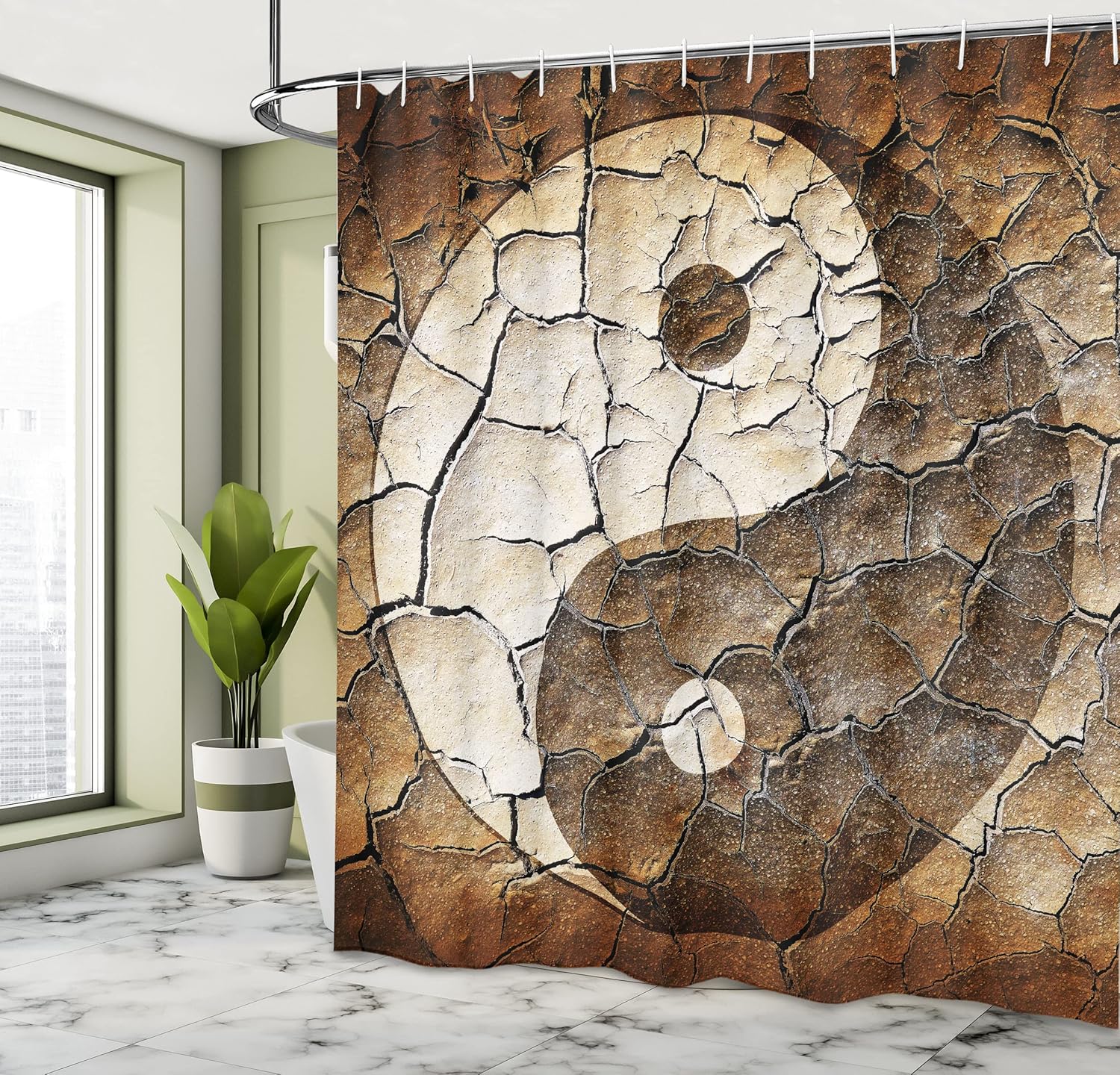 Ambesonne Ying Yang Shower Curtain, Picture of Yin Yang Sign Painted on Cracked Earth Soil Art Graphic Design, Cloth Fabric Bathroom Decor Set with Hooks, 69" W x 70" L, Beige Brown