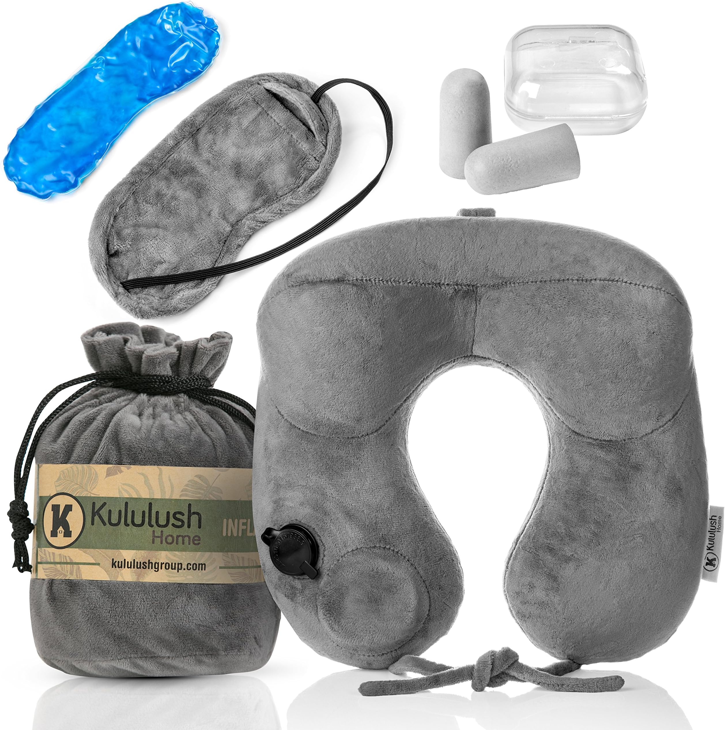 Ultra Comfortable Inflatable Travel Pillow – Portable, Lightweight, Super Compact Neck Support for Airplane, Car, and Train + FREE Travel Accessories Pack – Eye Mask, Ear Plugs and Travel Bag (Grey)