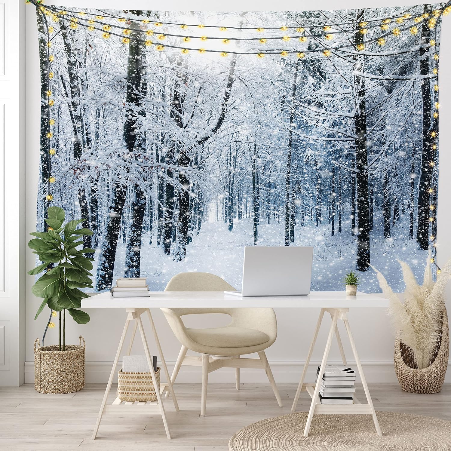 Ambesonne Winter Tapestry, Snow Covered Forest Idyllic Early Morning Scenery Seasonal Xmas Nature, Wide Wall Hanging for Bedroom Living Room Dorm, 80" X 60", Black White Slate Blue