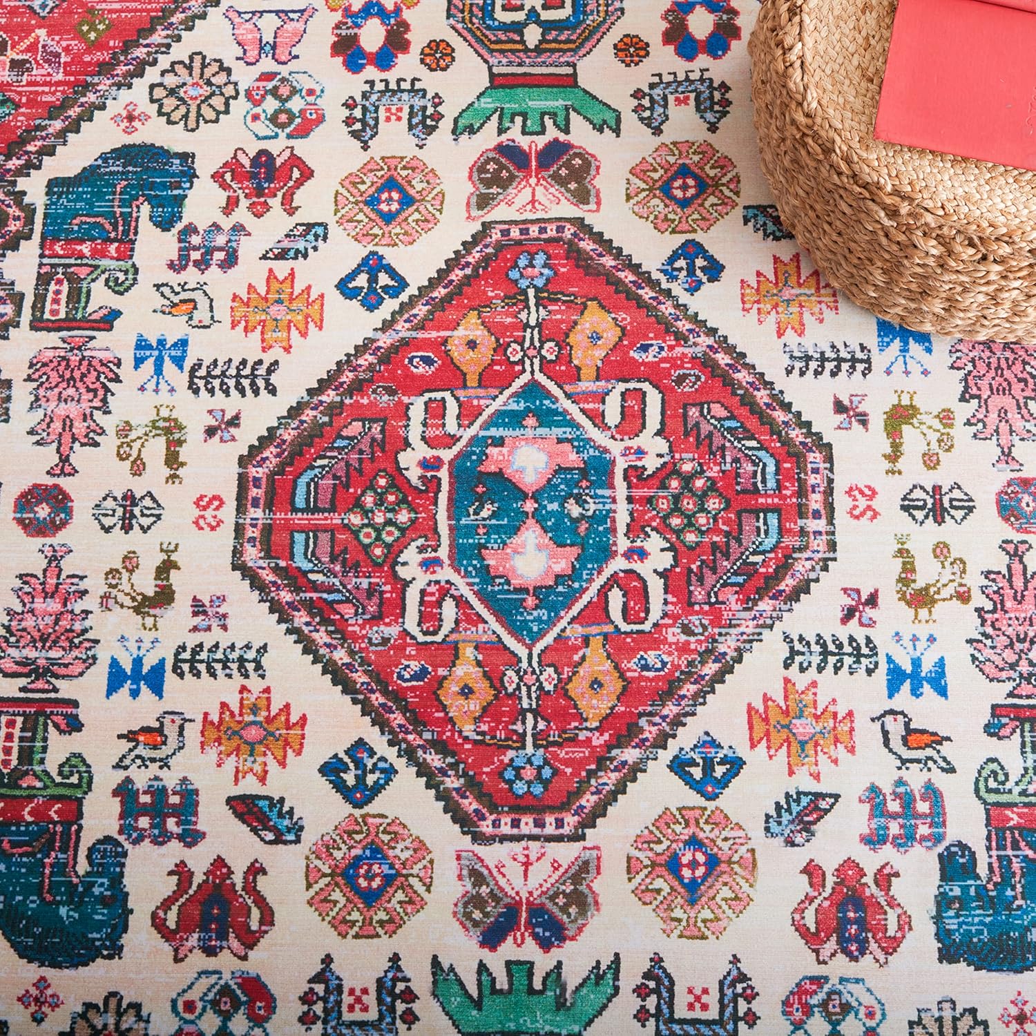 SAFAVIEH Washable Rug Tucson Collection - 9' x 12', Beige & Rust, Slip Resistant & Easy to Clean, Ideal for Living Room, Bedroom, Dining Space (TSN194B)