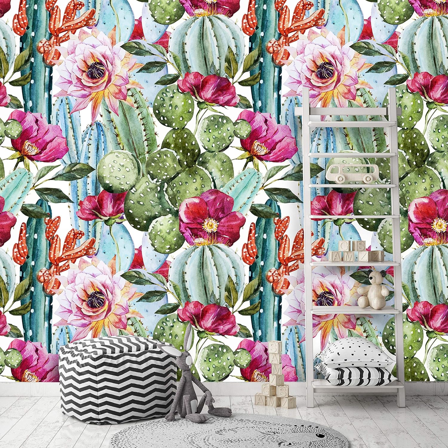 Removable Peel 'n Stick Wallpaper, Self-Adhesive Wall Mural, Watercolor Tropical Pattern, Nursery Decor • Tropical Flowers, Roses and Cactus (24W x 120H Inches)