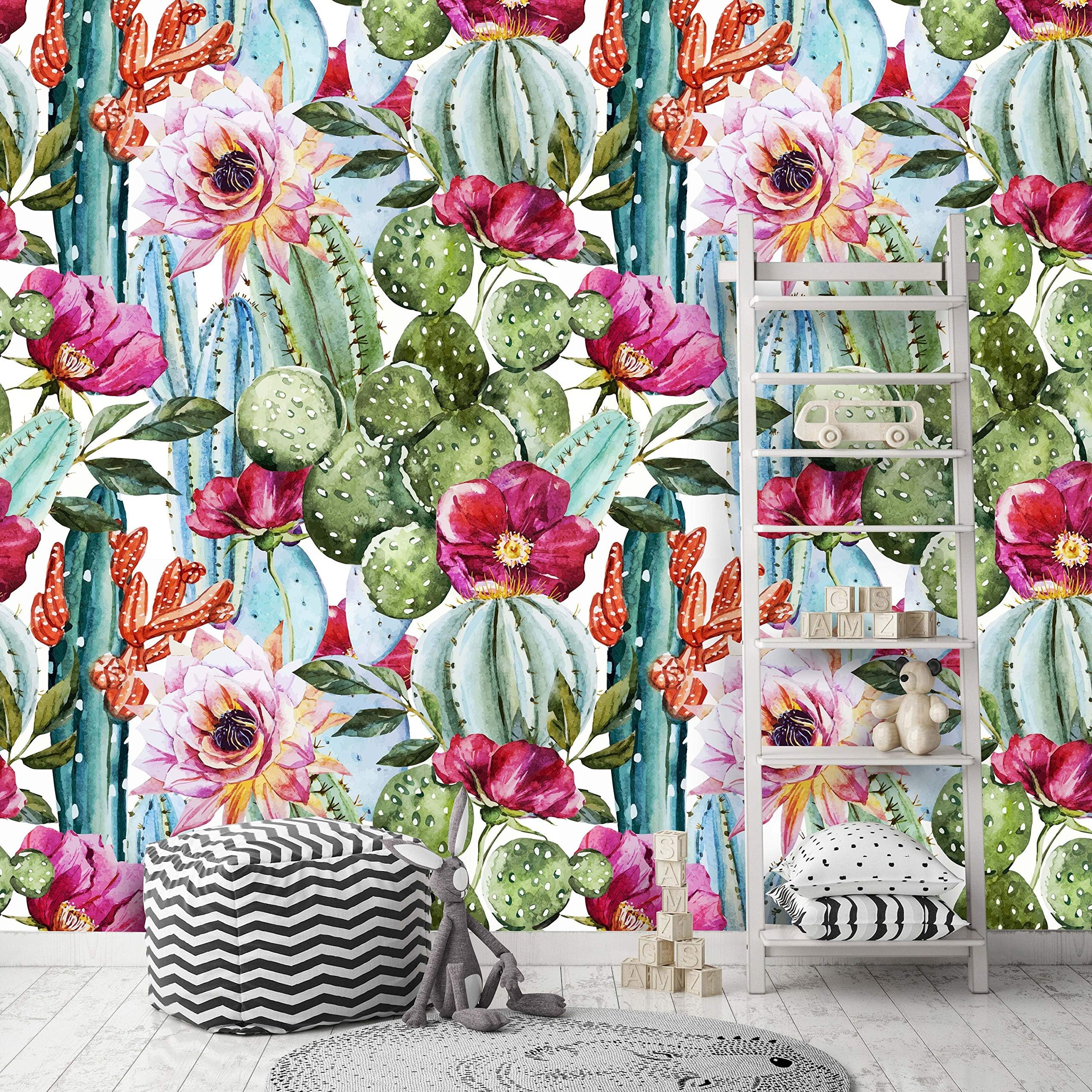 Removable Peel 'n Stick Wallpaper, Self-Adhesive Wall Mural, Watercolor Tropical Pattern, Nursery Decor • Tropical Flowers, Roses and Cactus (24"W x 60"H Inches)