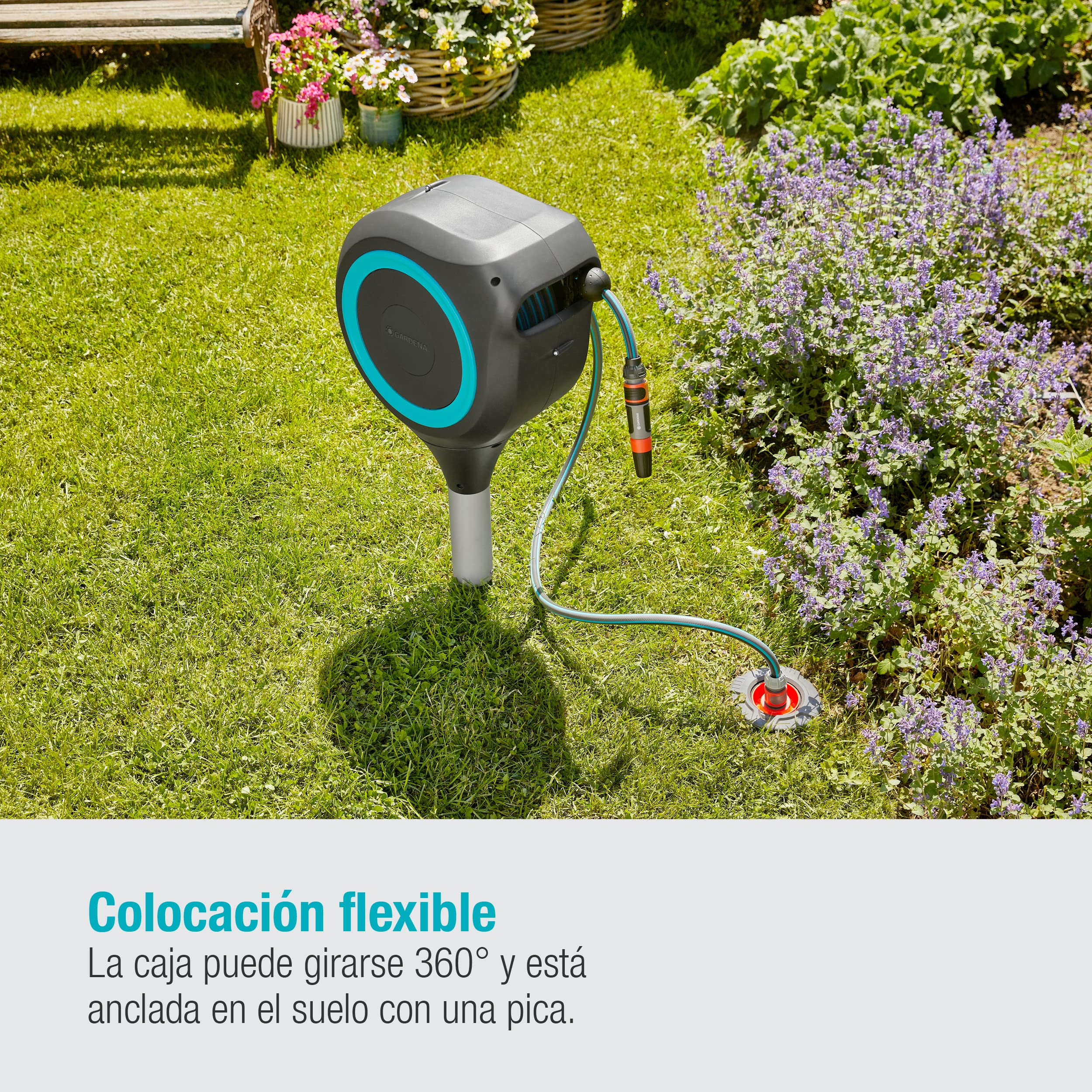 Gardena Carrete de manguera para jardín RollUp S (turquesa) de 15 m: carrete giratorio, guía manguera integrada, incluye manguera calidad Gardena 15m, fijación tierra y auxiliar de montaje (18604-20)