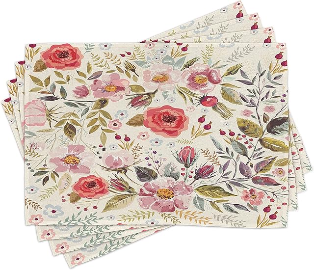 ABAKUHAUS Shabby Flora Place Mats Set of 4, Abstract Flowers Roses, Washable Fabric Placemats for Dining Room Kitchen Table Decor, Multicolor