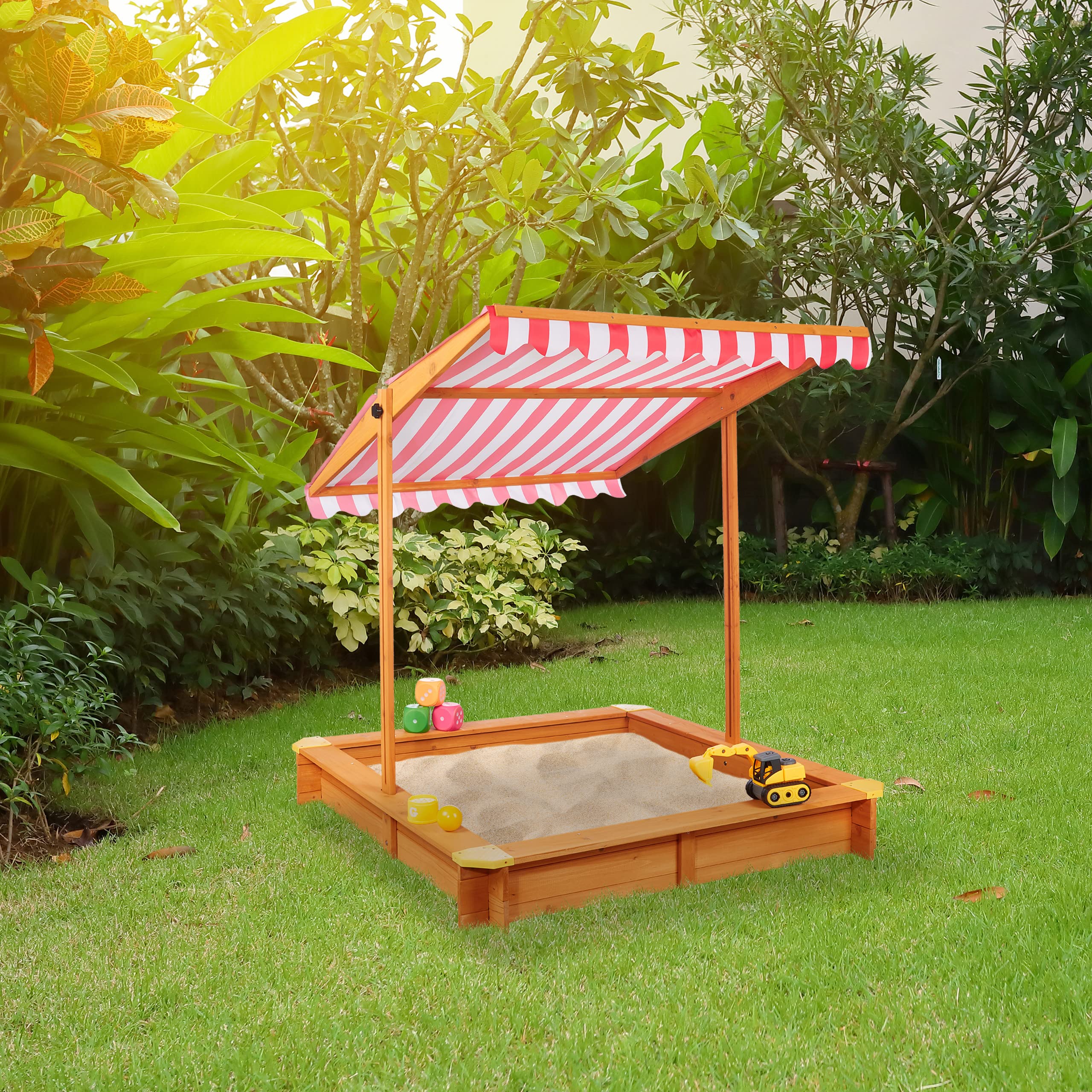 Relaxdays Arenero Niños con Techo Regulable, 117 x 117 x 117 cm, Cajón de Arena con Forro, Madera de Abeto, Natural
