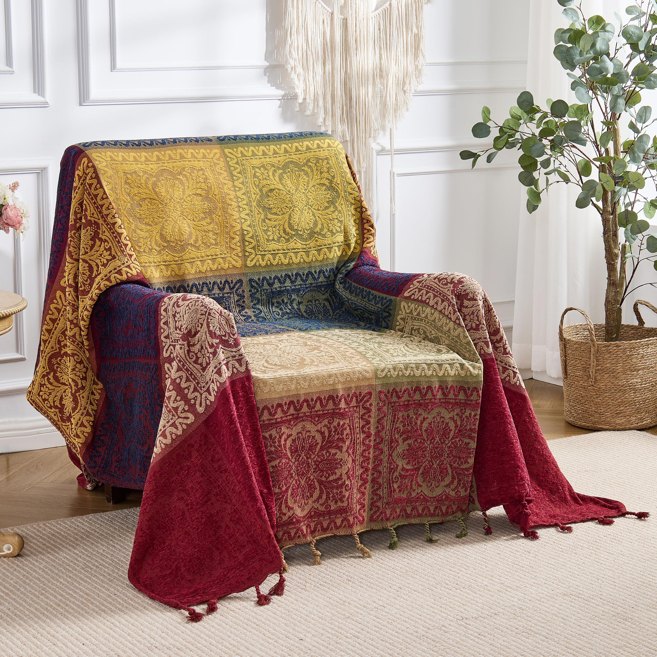 DECMAY Jeté de lit chenille jacquard bohème avec pompons, jeté pour canapé 2, 3 ou 4 places, tartan - Jeté de lit, fauteuil, meuble, jeté de lit (rouge bleu, 220 x 260 cm)