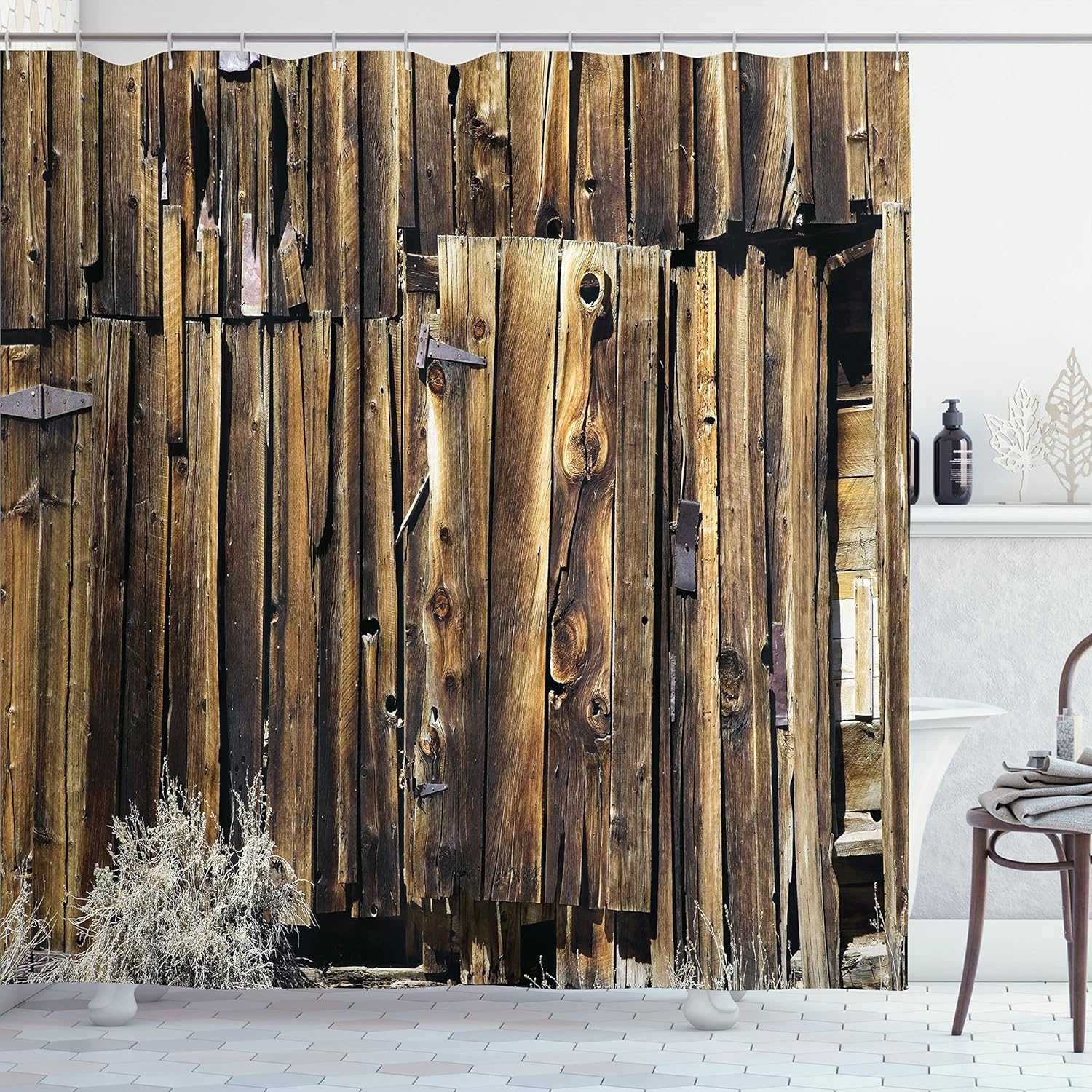 Ambesonne Rustic Shower Curtain, Oak Barn Siding Door Cracked Rusted Hinges Dated Timber Mansion Farmland Nobody Design, Cloth Fabric Bathroom Decor Set with Hooks, 69" W x 70" L, Coffee Brown