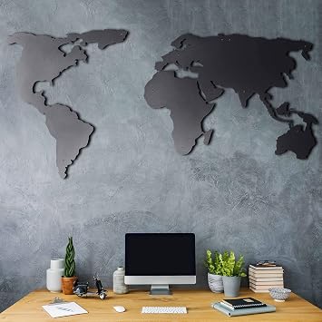 World Map Wall Art, 100% Metal World Map 2D, Sculpture, Large and Wide - Size (23.6 x 47.2) - Wall Hanging for Living Room, Bedroom, Dorm Size (23.6 x 47.2) (Black, (23.6 x 47.2))