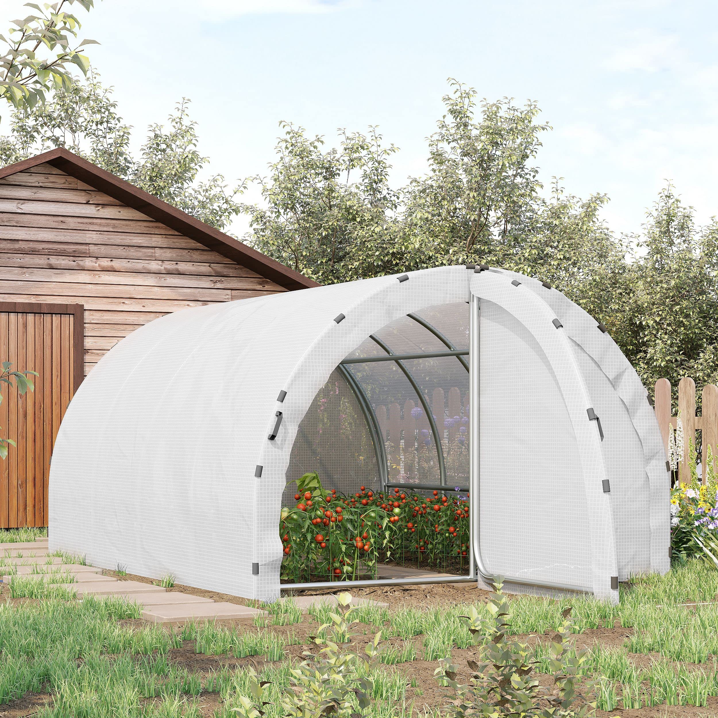 Outsunny Serre de Jardin Tunnel Surface Sol 12 m² 4L x 3l x 2H m châssis Tubulaire renforcé 25 mm Double Porte avec poignées Blanc