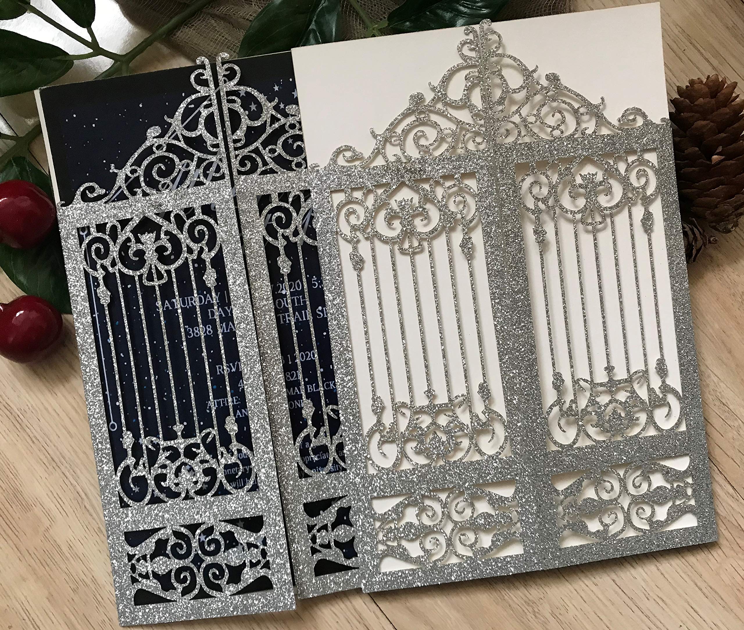Buy 50pcs glitter silver laser cut invitation cards,gate laser cut