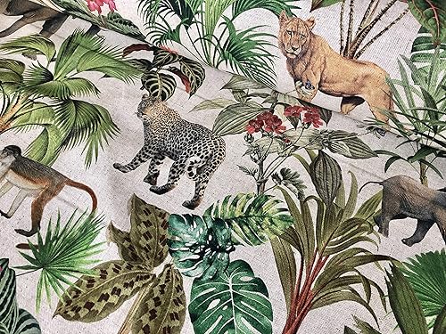 Miniatura 5 de Safari Zoo - Tela con estampado digital de animales africanos, selva tropical, palmera, hoja de flores, aspecto de lino, 54 pulgadas de ancho (se
