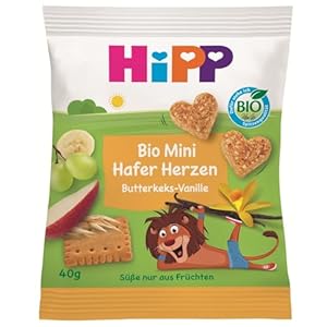HiPP Mini Hafer-Herzen Butterkeks-Vanille (12 x 40g), ab 1 Jahr, Bio Riegelsnack in Herzform, mit hohem Getreide- und Ballaststoffanteil, Süße nur aus Früchten, in bester Bio-Qualität