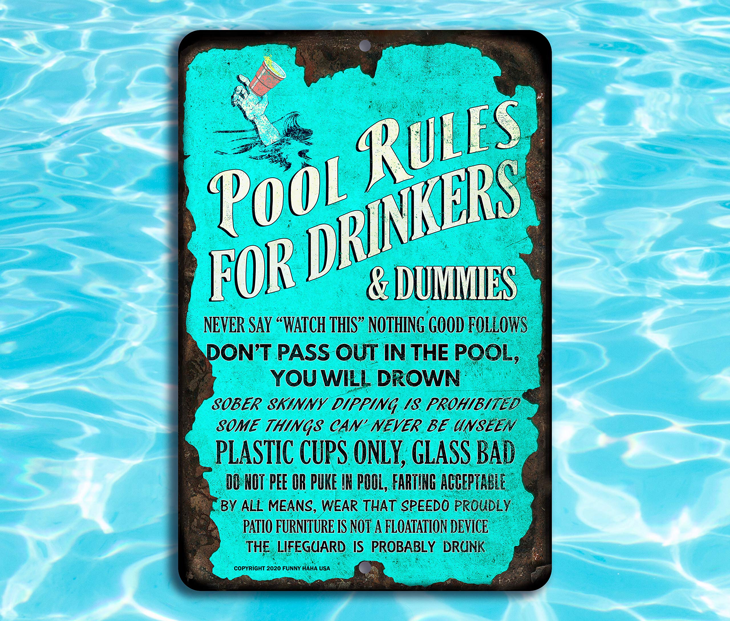 Cartel de aluminio con reglas de piscina para bebedores y chupetes, 30,5 x 45,7 cm Funny HAHA USA