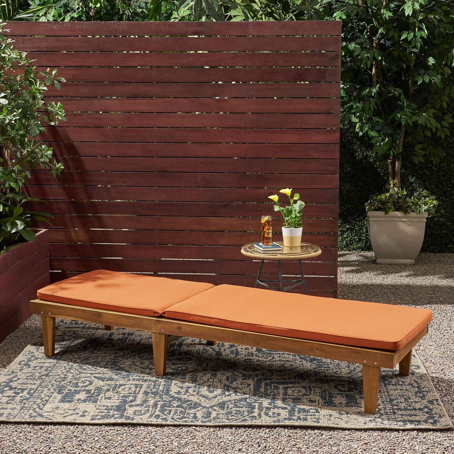 GDFStudio Noble House Nadine Outdoor Acacia Wood Chaise Lounge in Teak and Orange