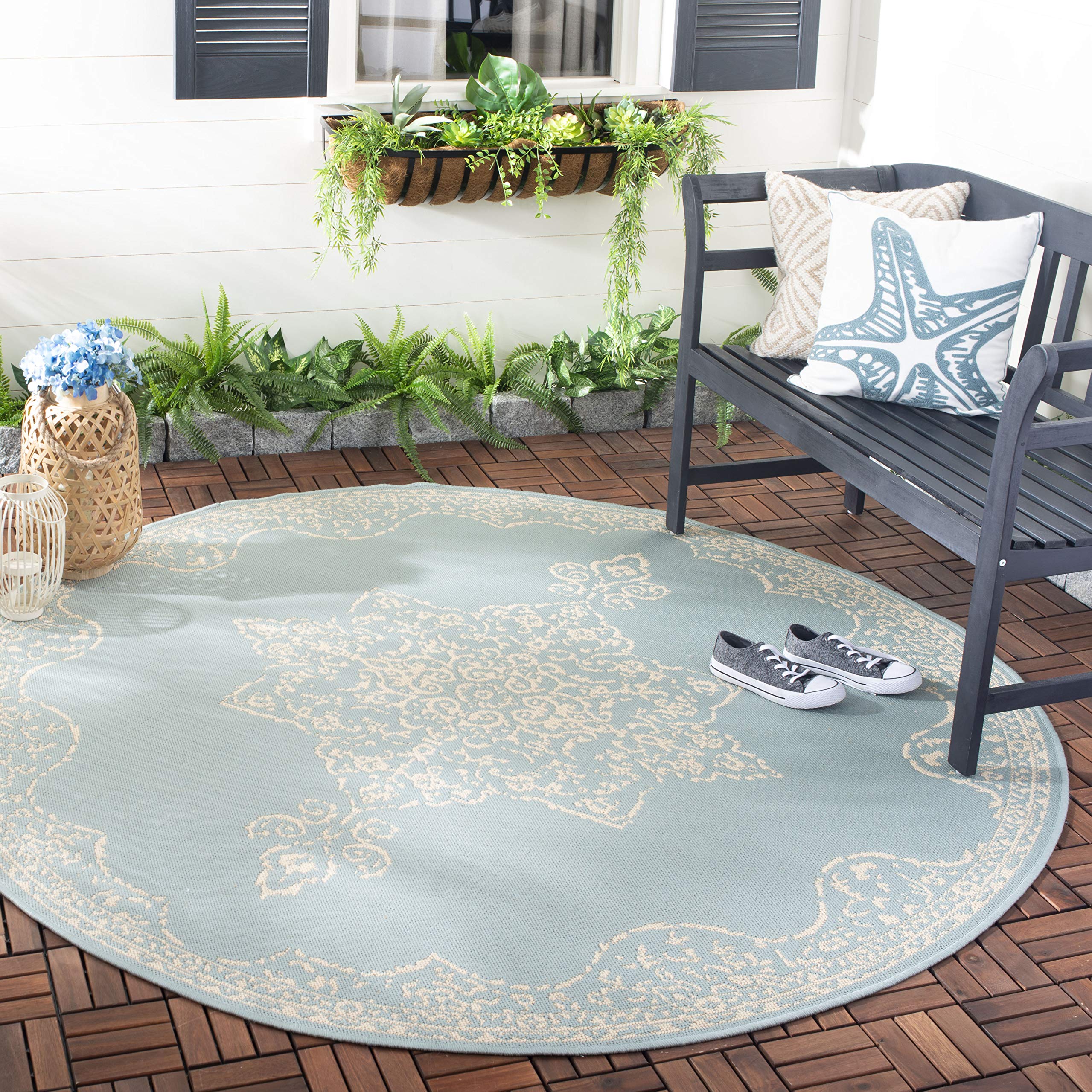 SAFAVIEH Beach House Collection 4' Round Cream/Aqua BHS180L Indoor/ Outdoor Non-Shedding Easy Patio Backyard Porch Deck Mudroom Area Rug
