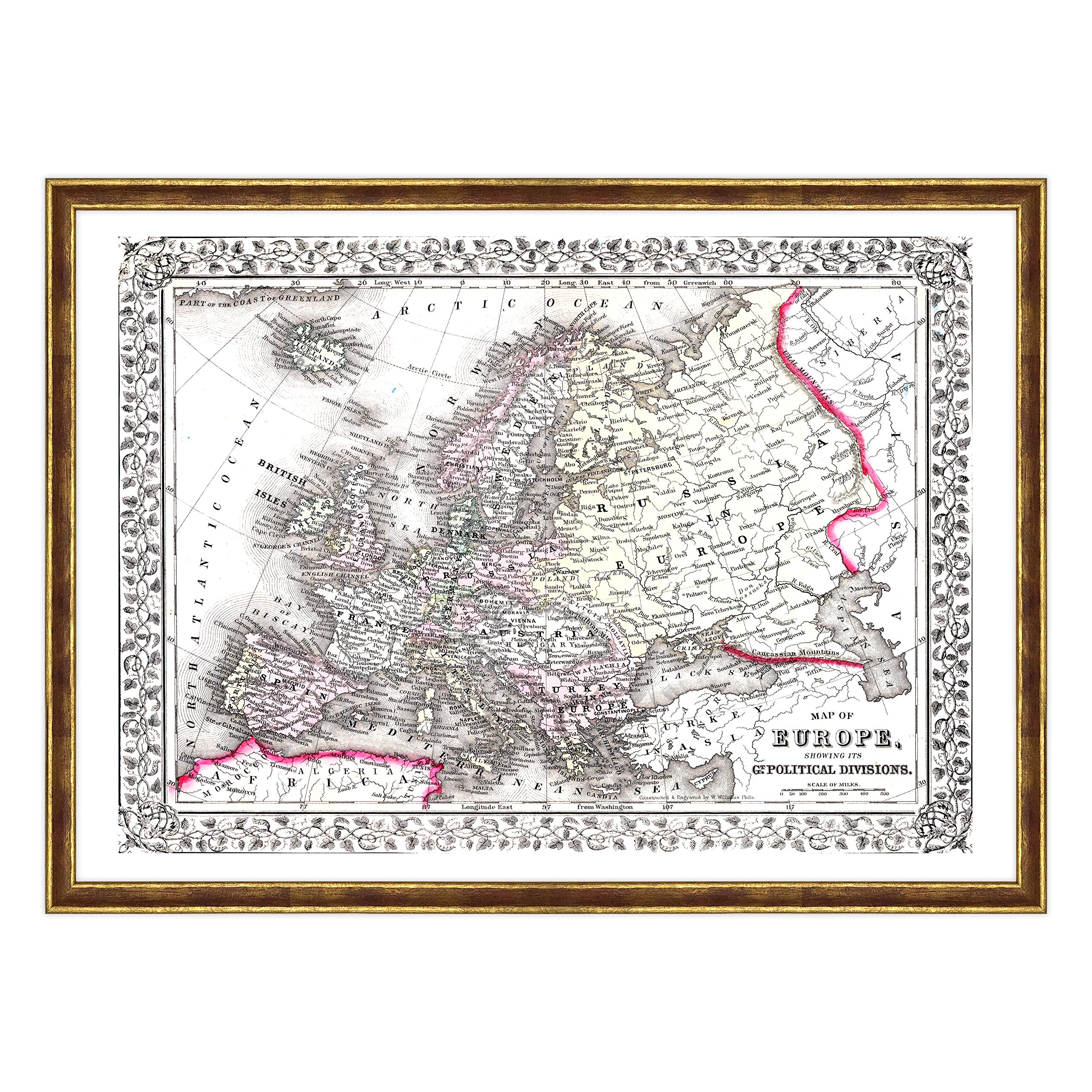 Poster et impression avec cadre classique – Carte de l'Europe de 1870 (462)