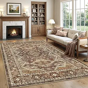 Rugland 9x12 Area Rug - Stain Resistant Washable Rug, Anti Slip Backing Rugs for Living Room, Vintage Tribal Area Rugs (TPR07-Rust, 9'x12')