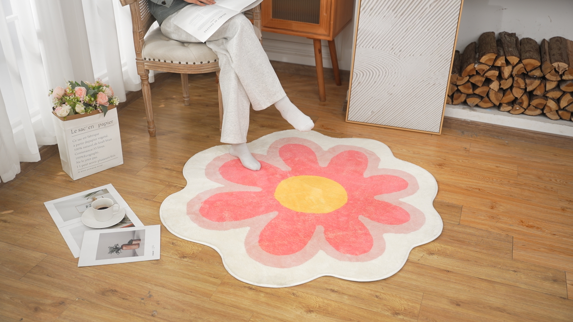 Tapete redondo de flores Tinideya 122 cm rosa antideslizante miniatura 7
