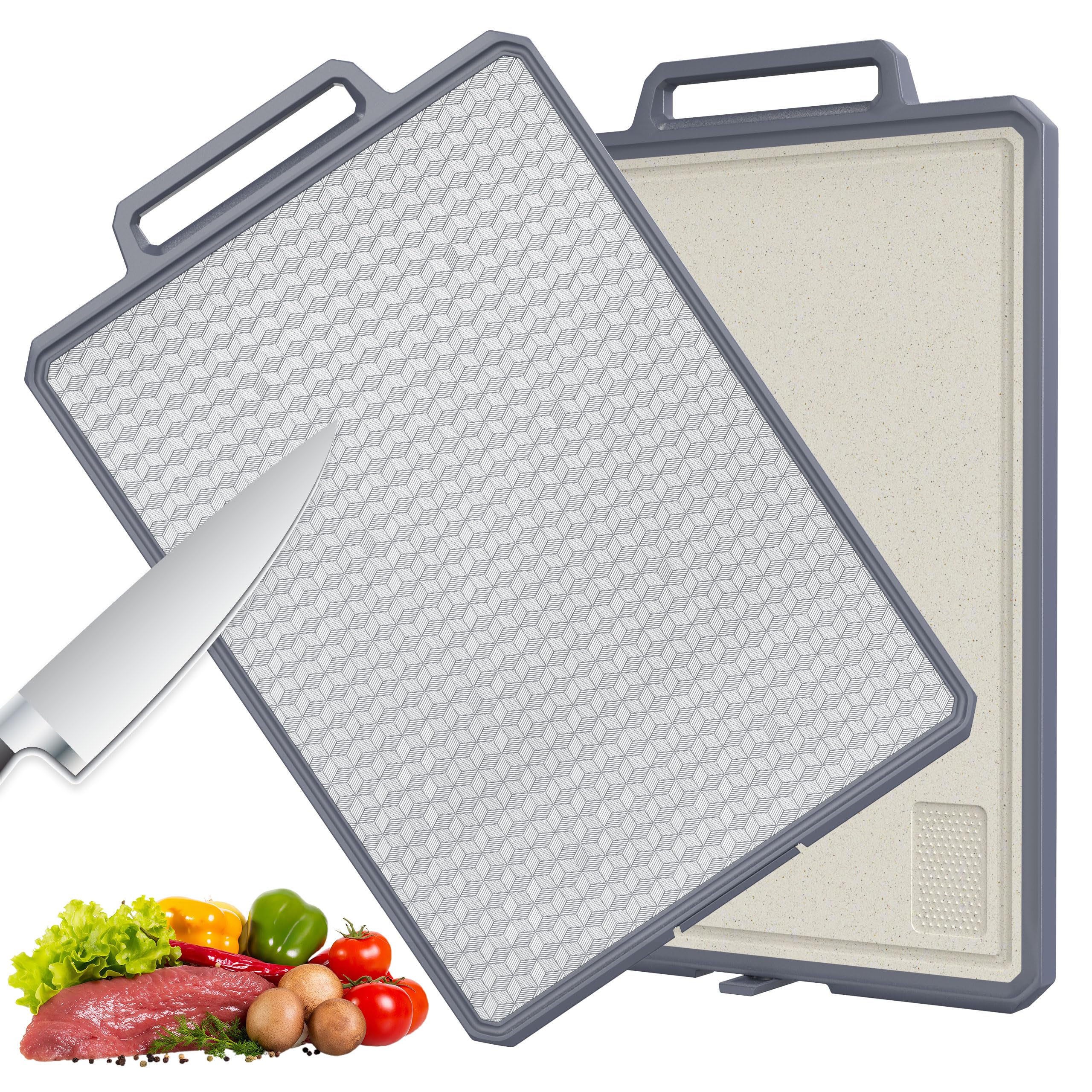 ROTTOGOON Chopping Board Stainless Steel Double-Sided Plastic Chopping Board for Kitchen 40 cm x 27 cm Large Kitchen Board with Juice Grovee Practical Handle and Floor Bracket