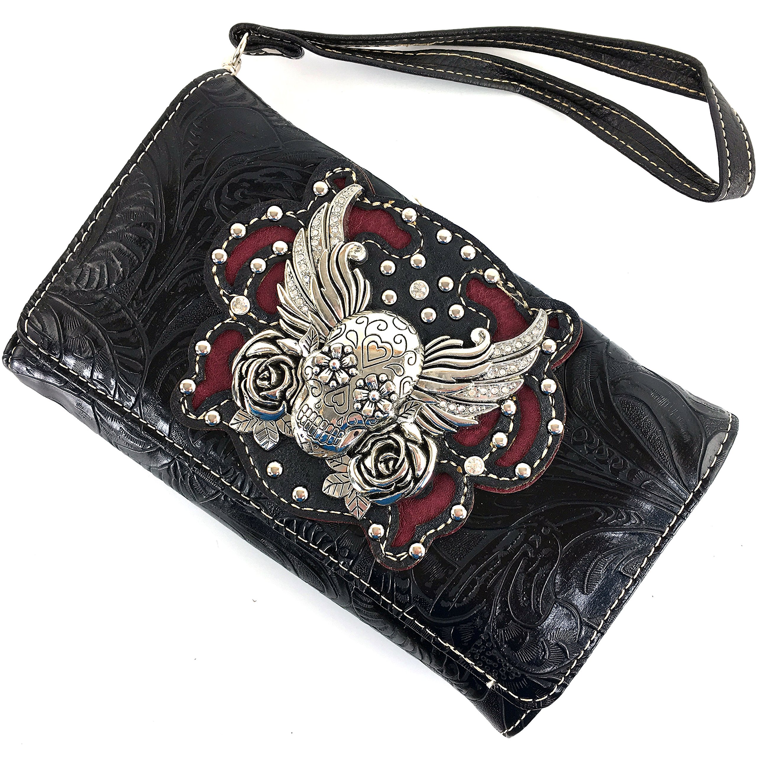 Justin West Tooled Winged Sugar Skull Roses Laser Cut Wristlet Trifold Wallet Attachable Long Strap (Black)