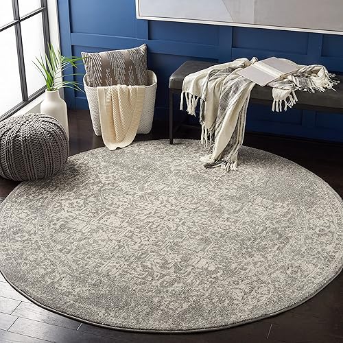 SAFAVIEH Evoke Collection Area Rug - 5'3" Round, Silver & Ivory, Oriental Distressed Design, Non-Shedding & Easy Care, Ideal for High Traffic Areas in Living Room, Bedroom (EVK256S)