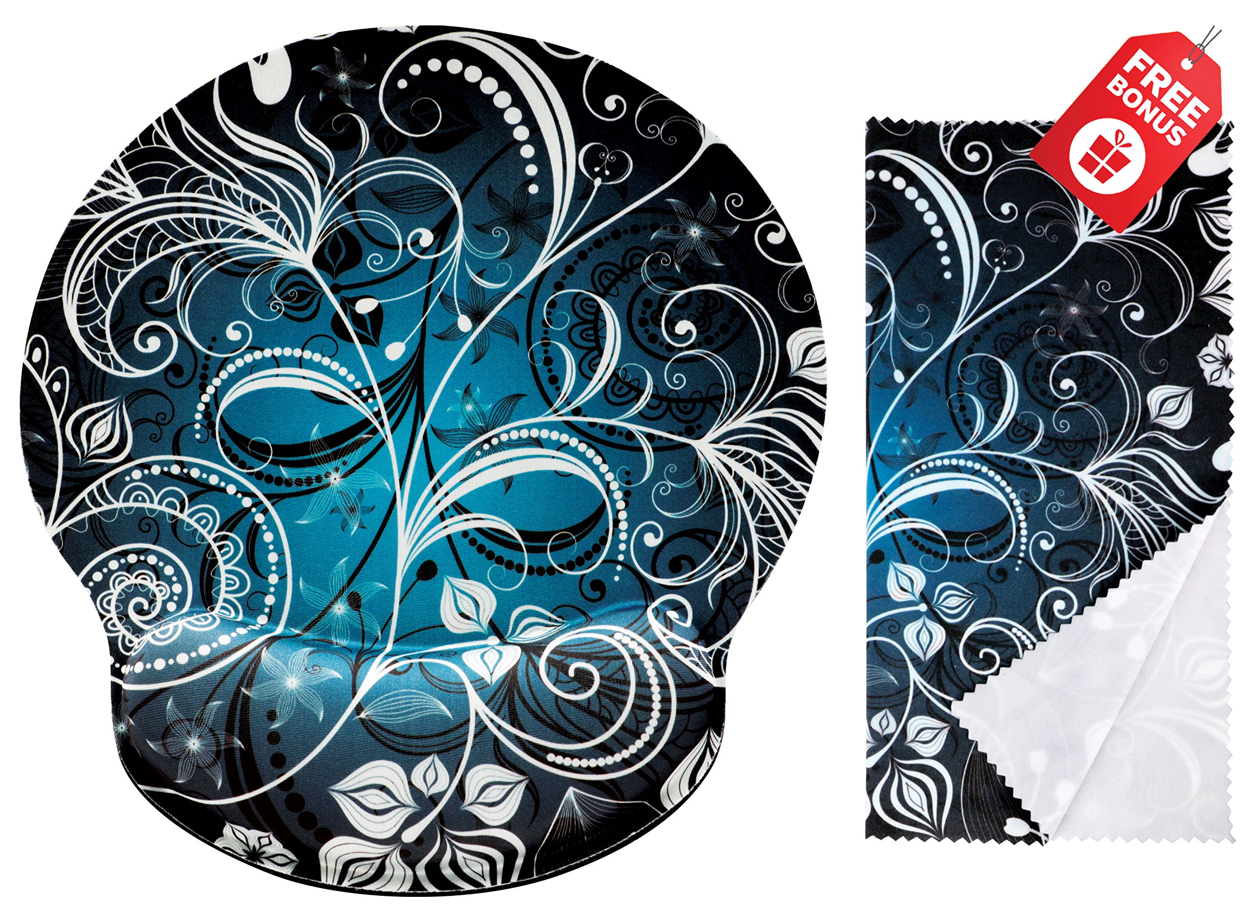 One In A Millionaire Vintage Floral Print Ergonomic Design Mouse Pad with Wrist Rest Hand Support. Round Large Mousing Area. Matching Microfiber Cleaning Cloth for Glasses & Screens. Great for Gaming