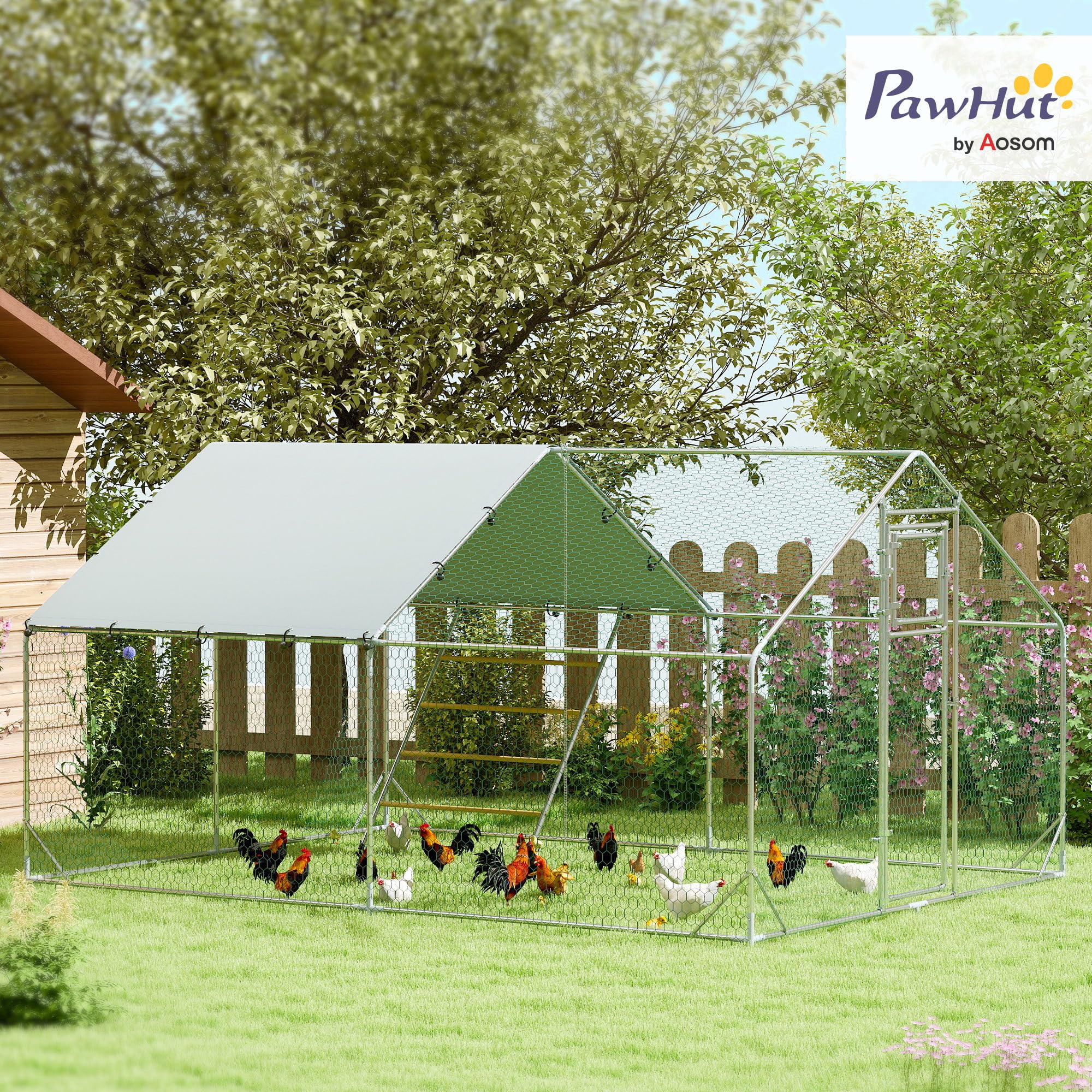 PawHut Pollaio con recinto 3x4x2m per 12-18 galline Argento