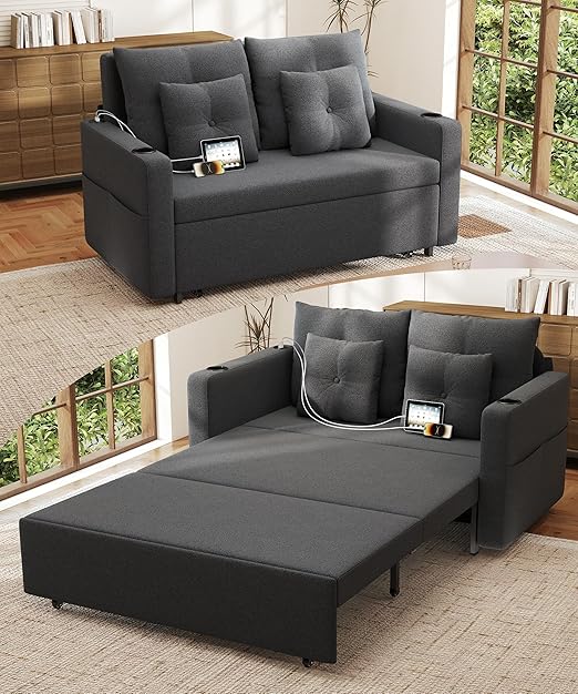 3 in 1 Sofa Bed, 56 Inch Convertible Pull Out Couch, Loveseat Sleeper Sofa with Cup Holders, USB, Sofa Couches for Living Room, Bedroom, Apartment, Dark Grey
