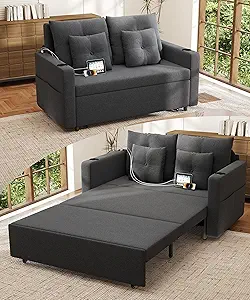 3 in 1 Sofa Bed, 56 Inch Convertible Pull Out Couch, Loveseat Sleeper Sofa with Cup Holders, USB, Sofa Couches for Living Room, Bedroom, Apartment, Dark Grey